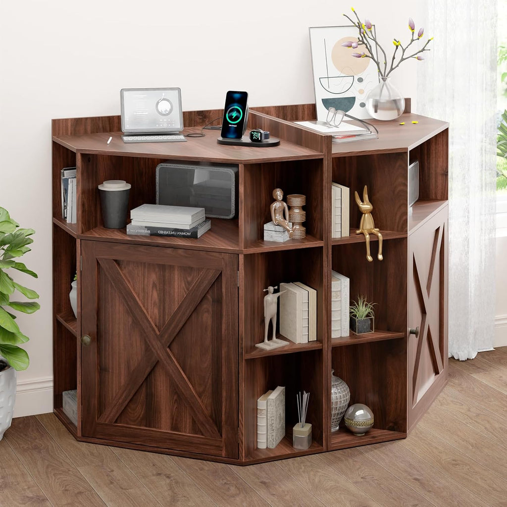 Vabches Corner Cabinet, Corner Storage Shelf with USB Ports and Outlets Industrial Organizer for Small Space Wooden 6-Cubby Bookshelf for Study, Playroom, Living Room (Walnut)