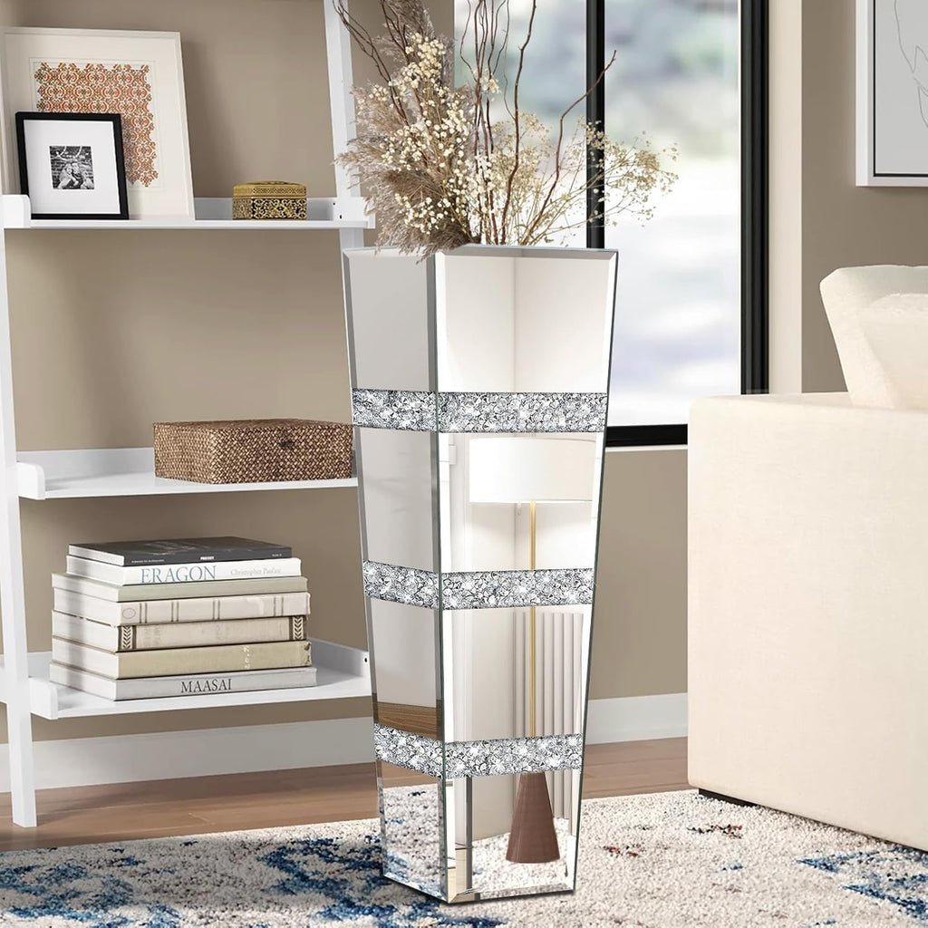 28' Tall Crushed Diamond Floor Vase, Silver Large Vases for Decor Living Room, Crystal Mirrored Home Decor Vases for Dried Flower