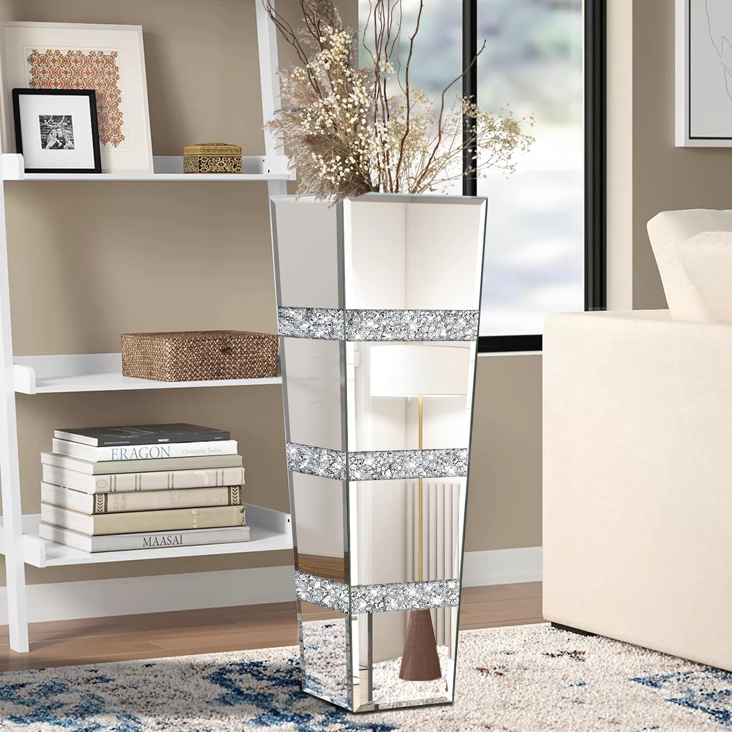 28' Tall Crushed Diamond Floor Vase, Silver Large Vases for Decor Living Room, Crystal Mirrored Home Decor Vases for Dried Flower