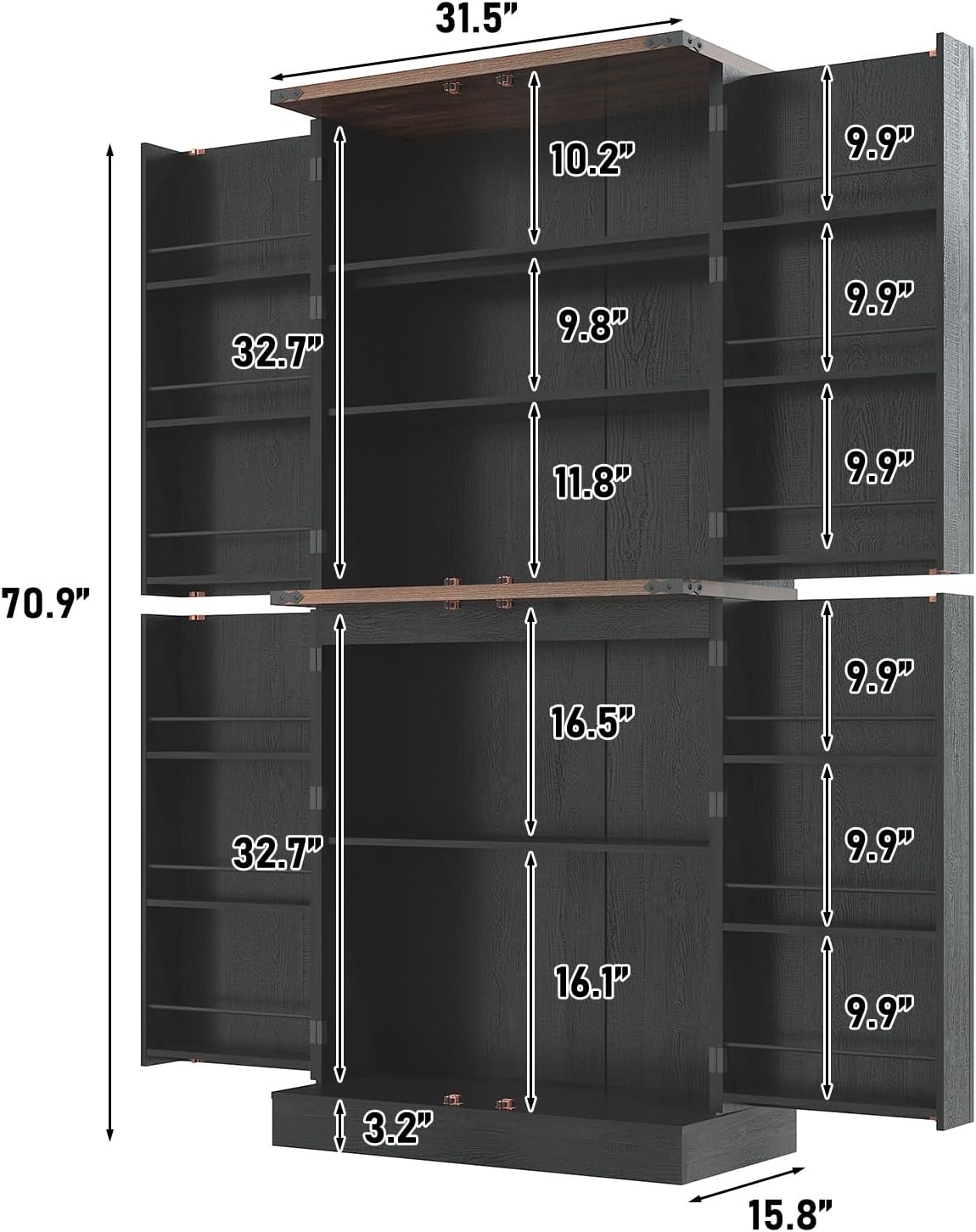71' Tall Kitchen Pantry Cabinet, Farmhouse Tall Kitchen Storage Cabinet with Adjustable Shelves & 4 Barn Style Doors, Wooden Storage Cabinet for Kitchen, Dining Room, Living Room, Bathroom, Office