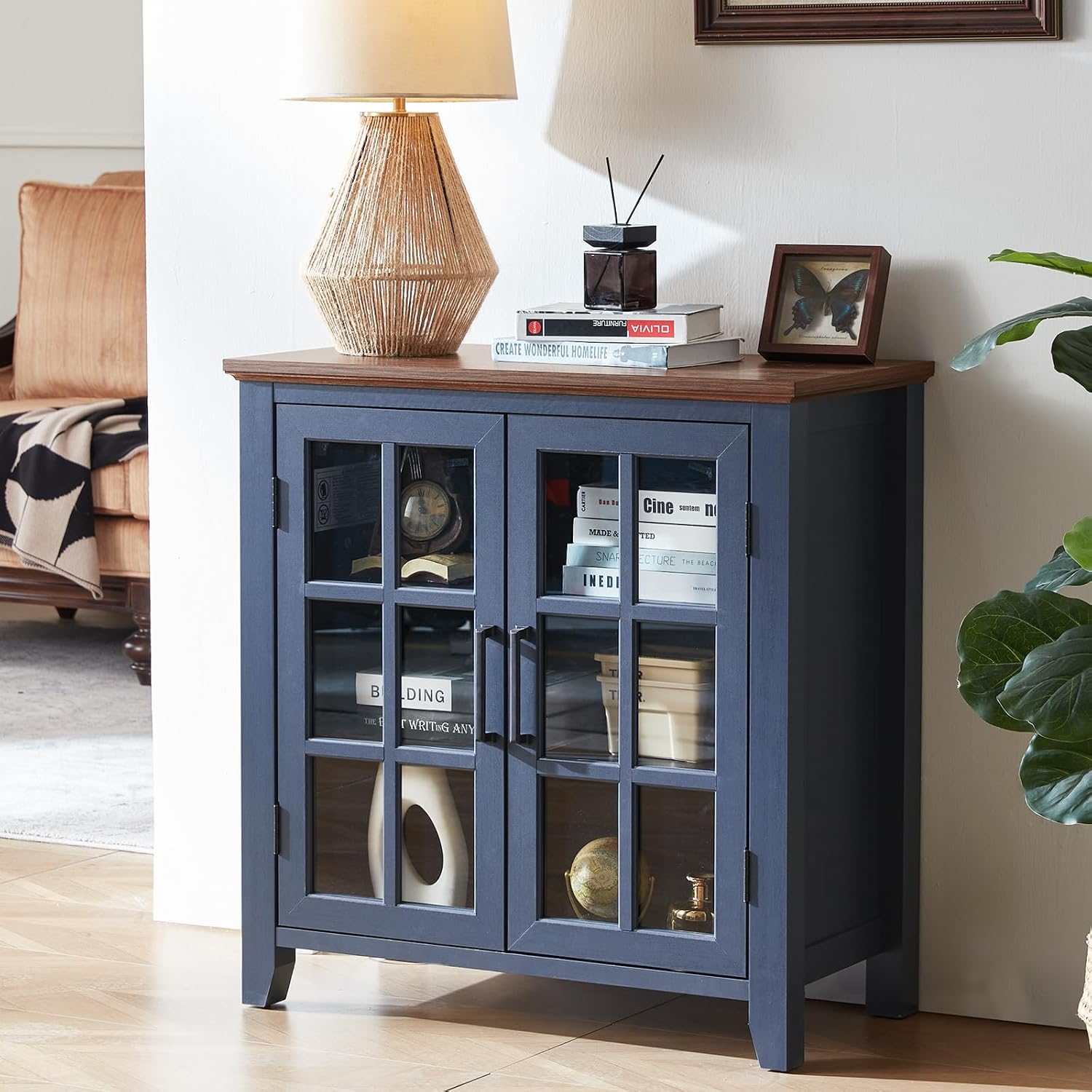 Joaxswe Large Sideboard Buffet Cabinet with Storage, 32' Farmhouse Kitchen Coffee Wine Bar Cabinet with 2 Glass Doors, Wood Mid Century Modern Side Board Table for Dining Room, Living Room, Navy Blue