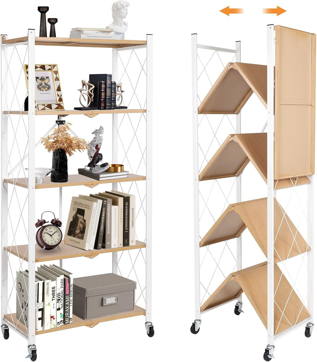 5-Tier Foldable Storage Shelves with Wheels | Portable Structure, Suitable for kitchen, bedroom, living room, bathroom, garage, wood grain transfer, 59*26*13in
