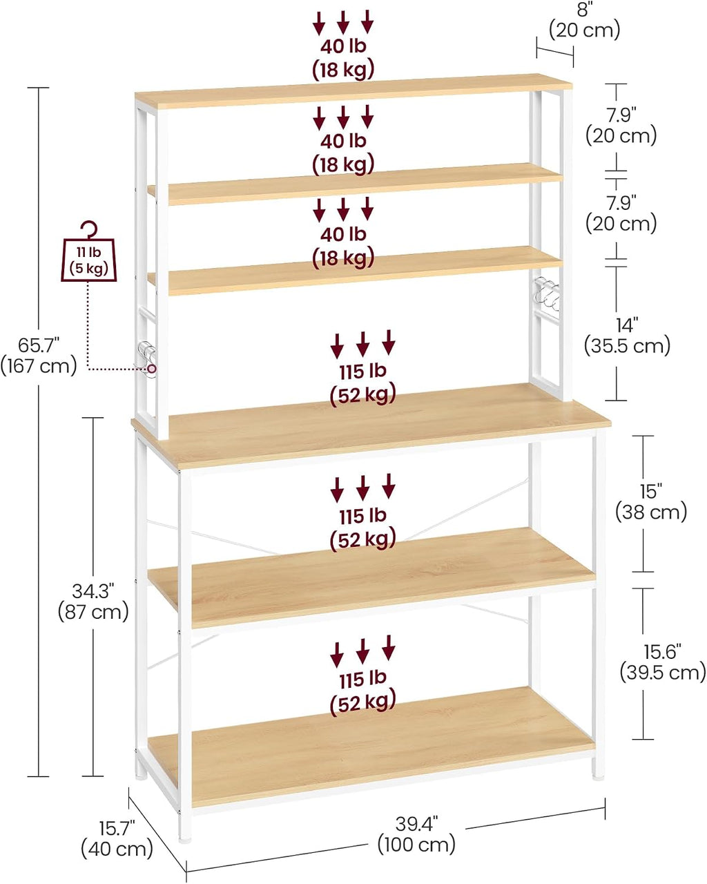 VASAGLE Coffee Bar, 39.4 Inches Baker's Rack for Kitchen with Storage, 6-Tier Kitchen Shelves with 6 Hooks, Microwave Stand, Modern, Golden Oak and Cloud White UKKS039Y09