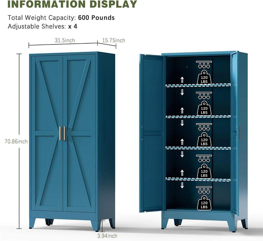 COFaR Home Farmhouse Storage Cabinet with Barn Door, Tall Kitchen Pantry Cupboard with Adjustable Shelves, for Dining Room, Bathroom, Living Room Blue.