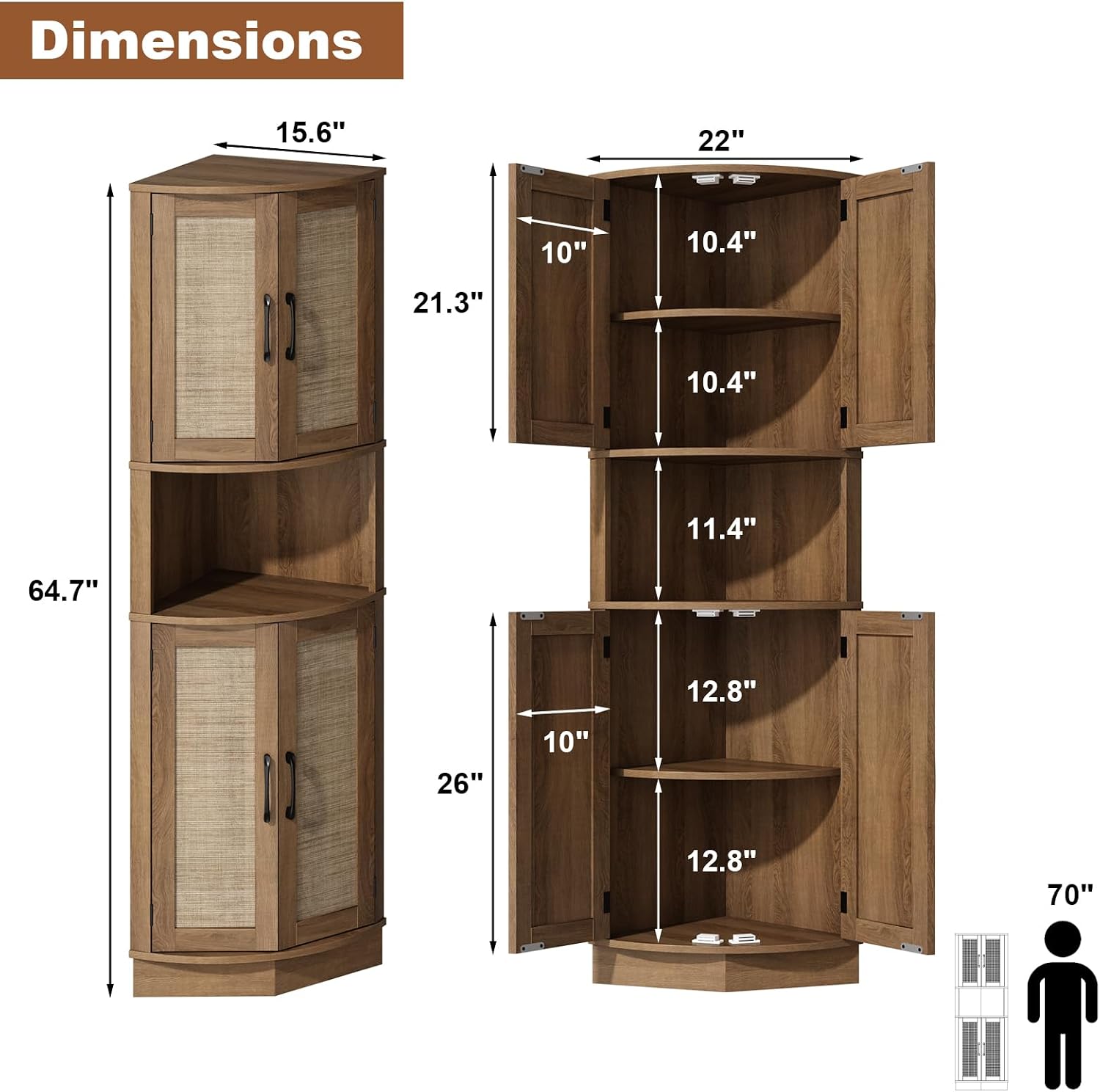 HOKYHOKY Tall Corner Cabinet, 64.7' Rattan Corner Storage Cabinet with 4 Doors and 5 Storage Shelves, Farmhouse Space Saver, Boho Shelf for Living Room, Kitchen, Bathroom, Office