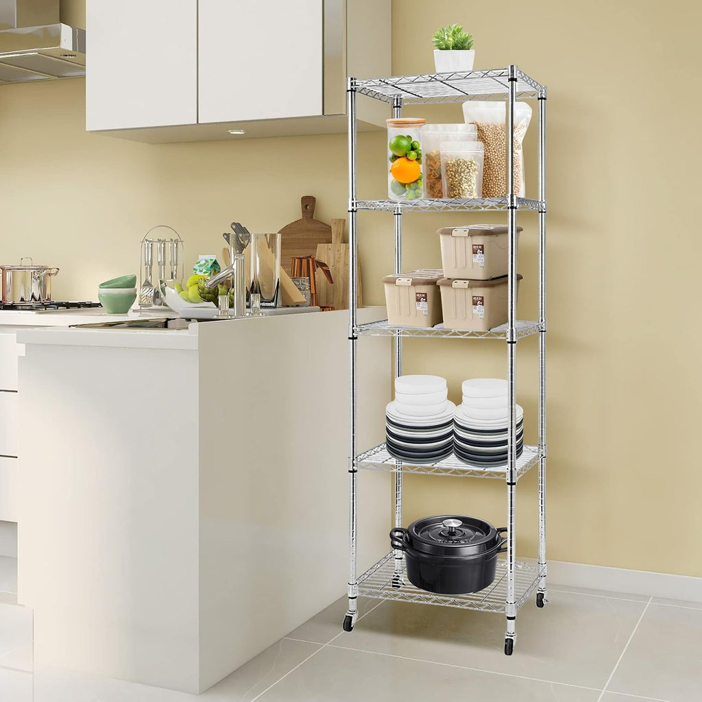 5 Tier Wire Shelving Unit With Wheels, Adjustable Narrow Metal Shelf, NSF Certified Storage for Laundry, Garage, Kitchen, Pantry, 18' D X 24' W X 71' H, Chrome