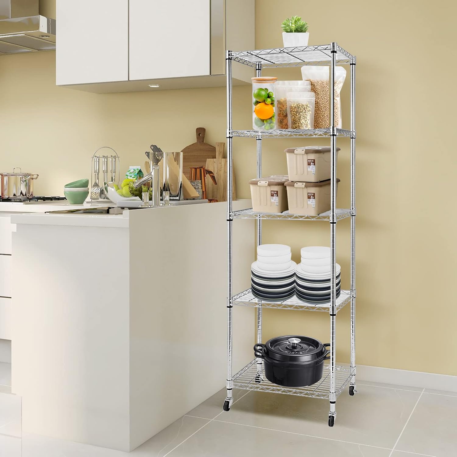 5 Tier Wire Shelving Unit With Wheels, Adjustable Narrow Metal Shelf, NSF Certified Storage for Laundry, Garage, Kitchen, Pantry, 18' D X 24' W X 71' H, Chrome