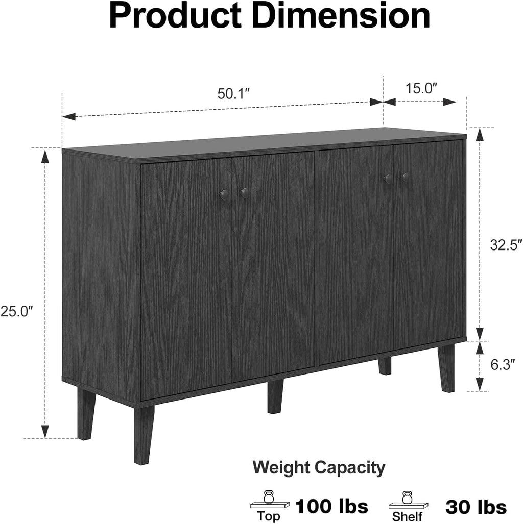 Panana Sideboard Buffet Cabinet Kitchen Storage Cabinet Living Room 4 Doors Console Table (Black)