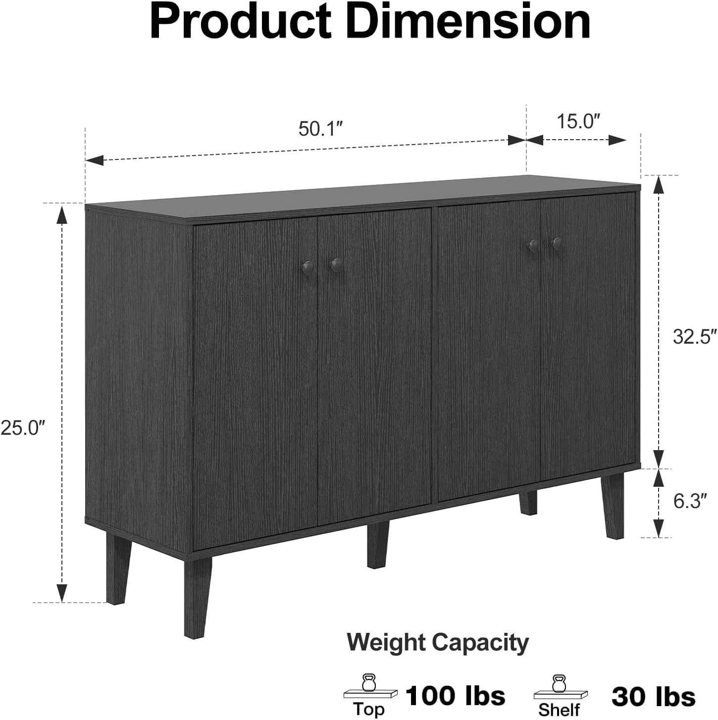 Panana Sideboard Buffet Cabinet Kitchen Storage Cabinet Living Room 4 Doors Console Table (Black)