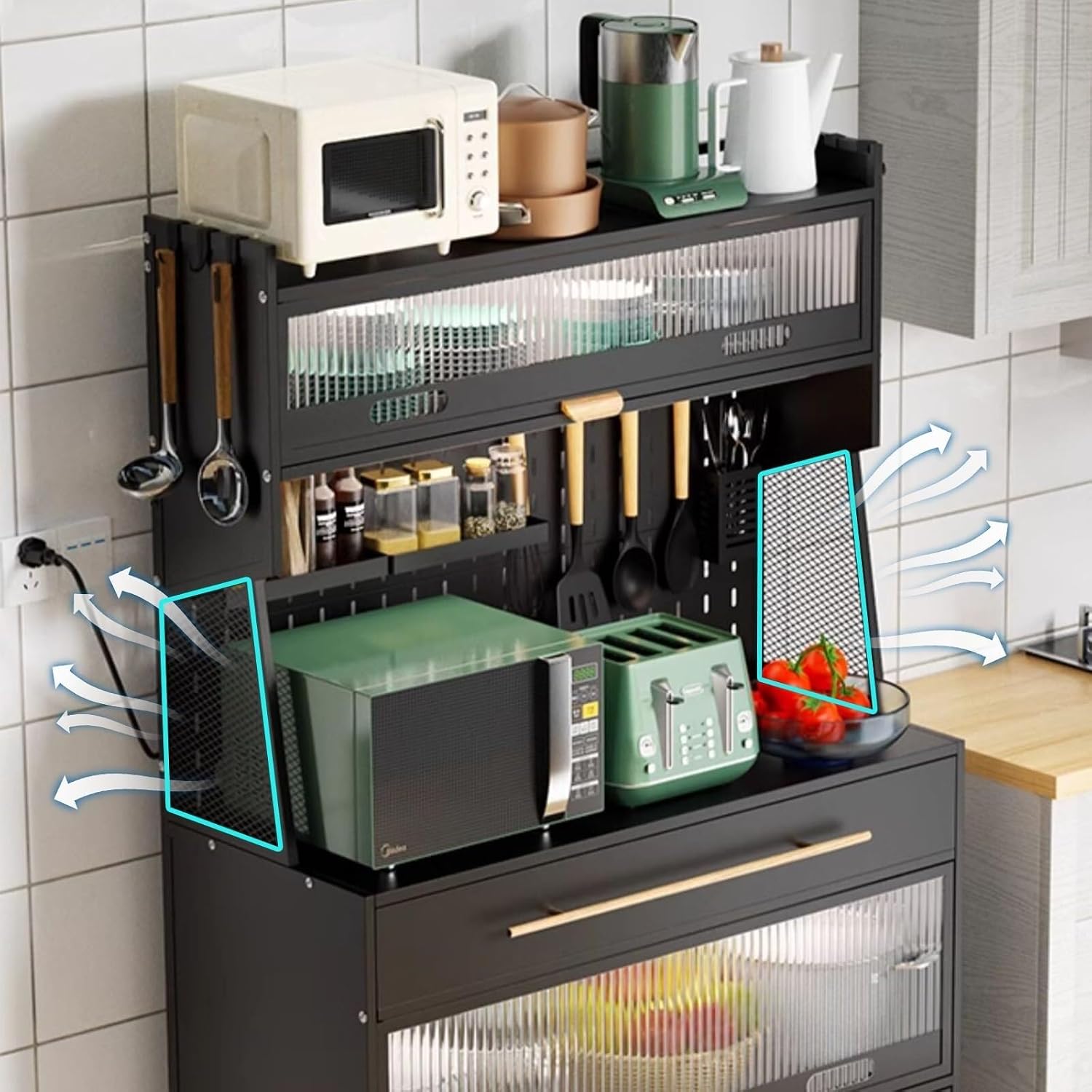 Black Metal Kitchen Storage Cabinet - 80cm Bakers Rack with Drawers, Pegboard Hooks, Flip Doors, Microwave Stand for Home & Office - Stylish and Durable Storage Solution