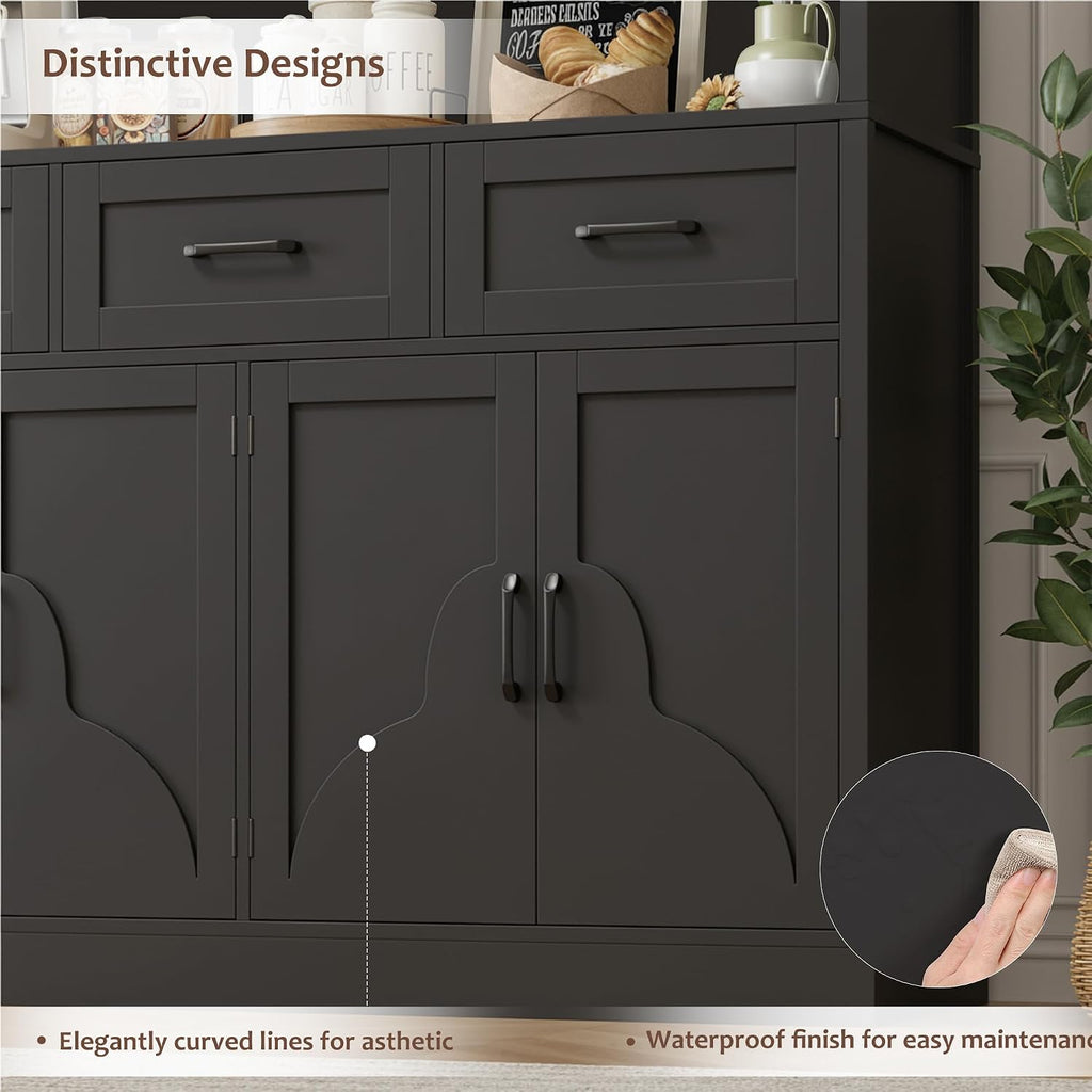 HITHOS 76' Tall Kitchen Pantry Storage Cabinet, 55' Wide Kitchen Hutch Cabinet with Storage Drawers, Large Food Pantry with Microwave Stand, Modern Cupboard with Hutch for Dining Living Room, Black