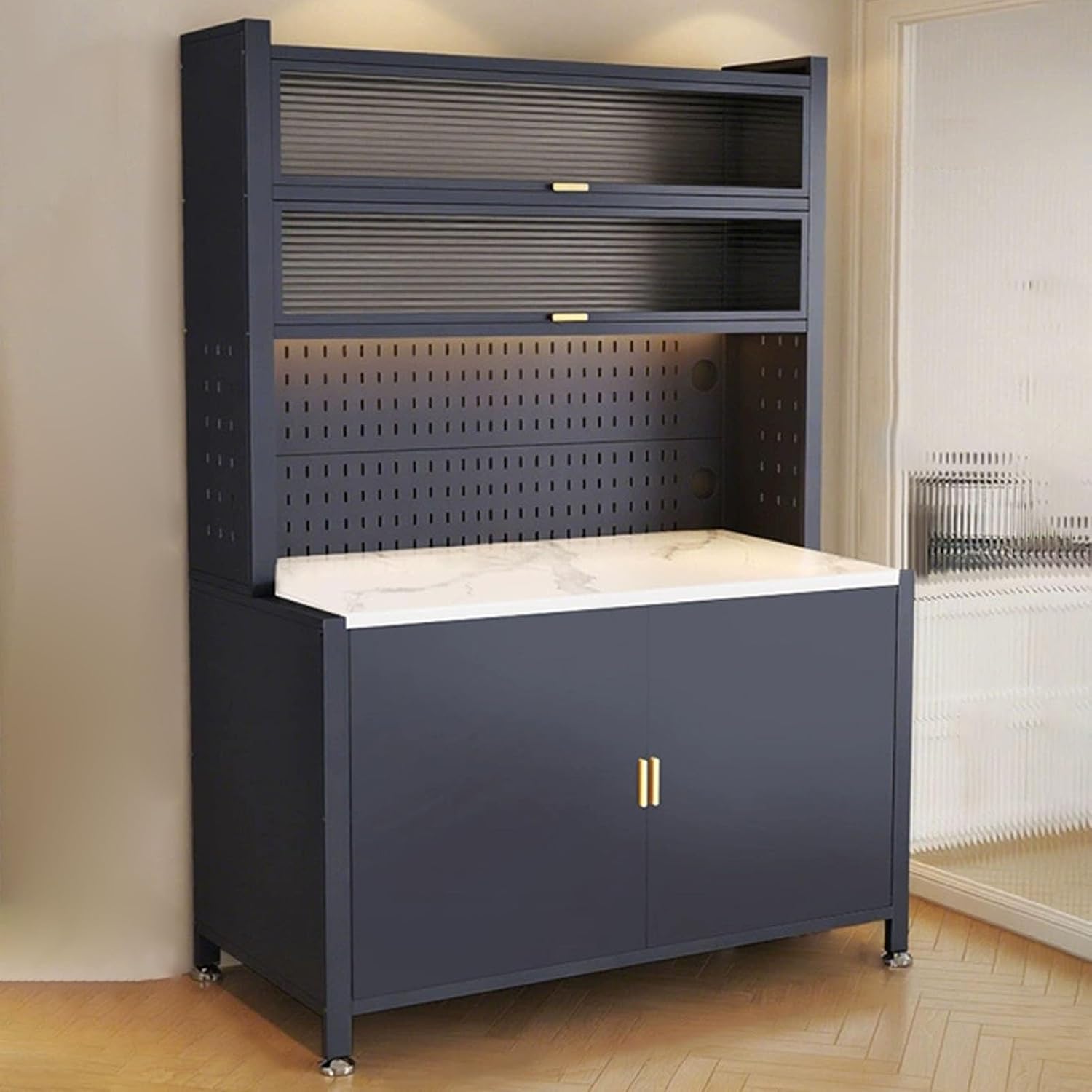 JKGHK Kitchen Storage Sideboard Cabinet, Tall Bakers Rack Countertop with Stone Slab Countertop, Standing Pantry with Pegboard and Adjustable Shelves for Home Coffee Bar(Gray,24x72in)