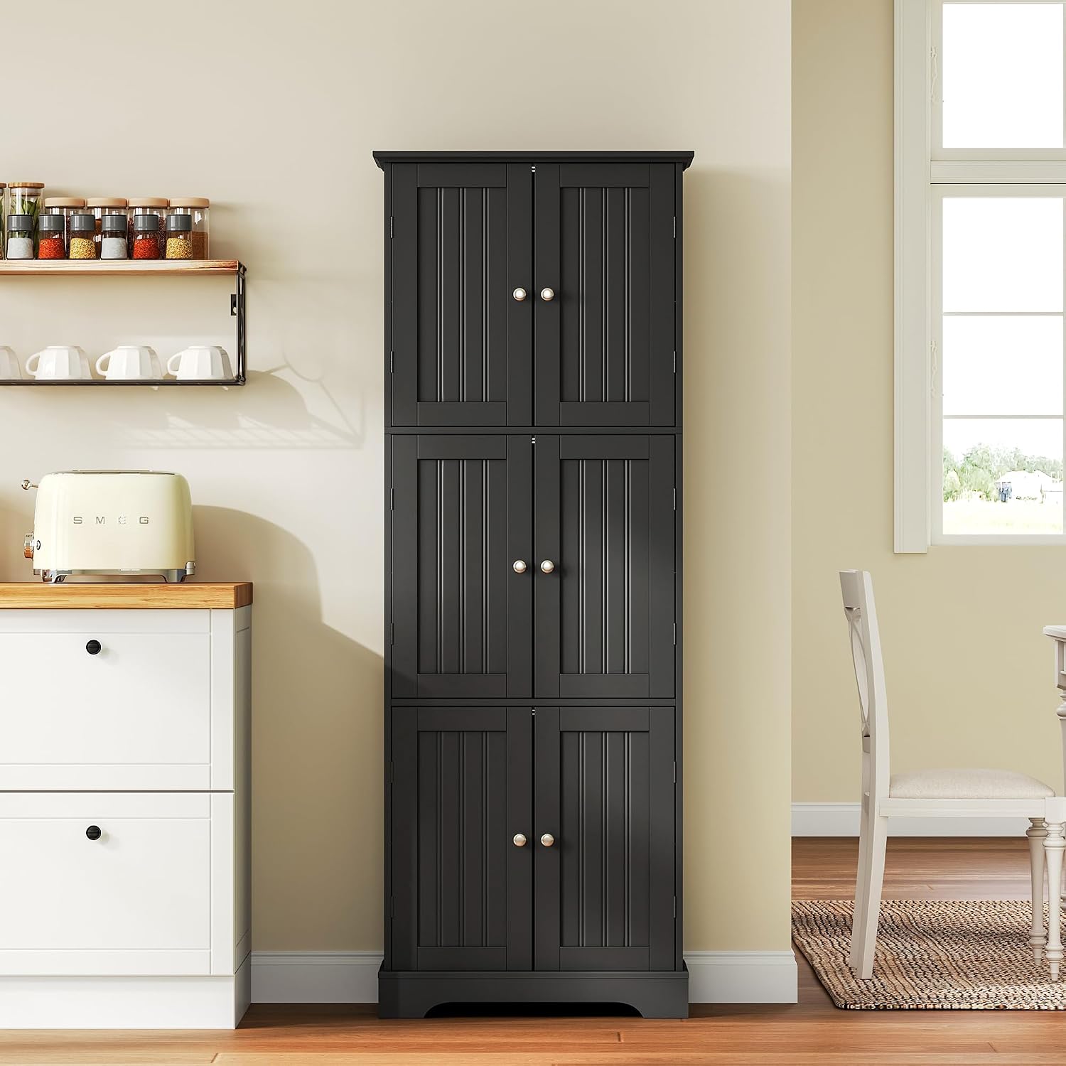 ChooChoo Tall Bathroom Storage Cabinet with 6 Doors, Freestanding Floor Cabinet with Adjustable Shelves, Black Pantry Cabinet for Bathroom, Kitchen, Laundry Room