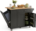 Ahomly Kitchen Island with Storage, 44.49' Kitchen Island with Trash Can Storage, Drop Leaf Rubberwood Top, Knife Holder, Adjustable Shelf, Towel Bar, Drawer, Spice Rack, Black
