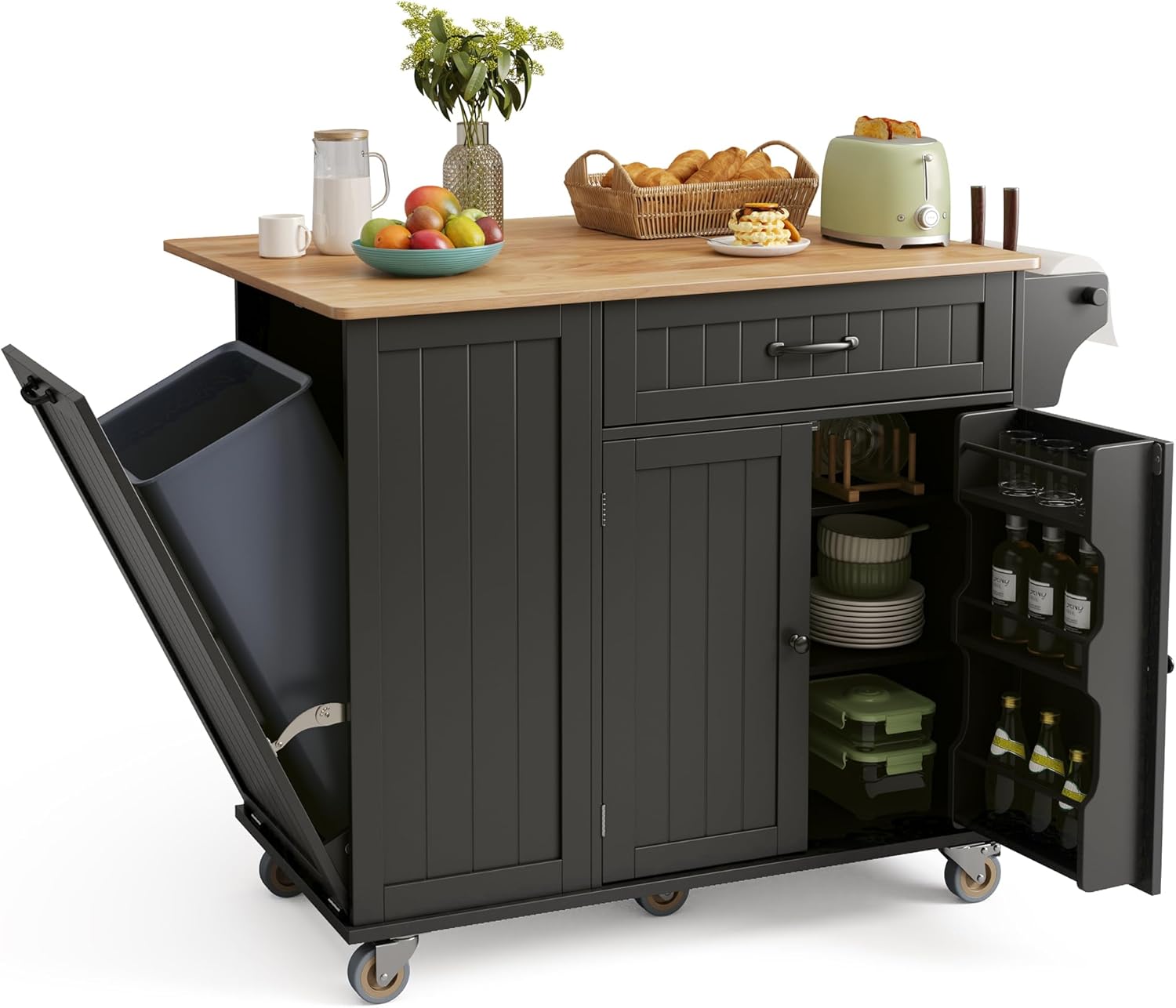 Ahomly Kitchen Island with Storage, 44.49' Kitchen Island with Trash Can Storage, Drop Leaf Rubberwood Top, Knife Holder, Adjustable Shelf, Towel Bar, Drawer, Spice Rack, Black