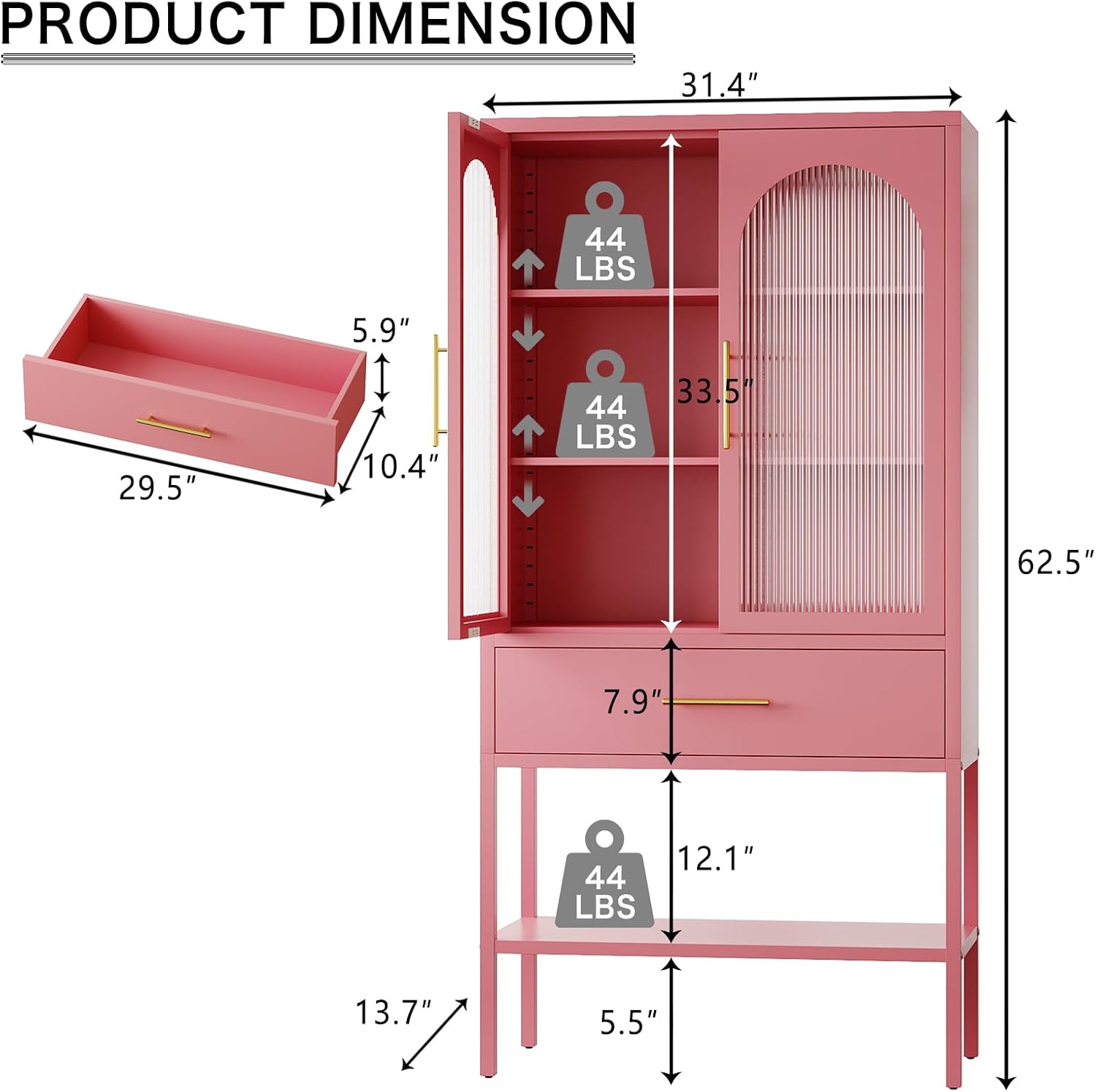 ALBAD 63 Inch Tall Metal Pantry/Display/Storage Cabinet with Fluted Glass Doors and Drawer & Adjustable Shelf for Modern Home Office Living Room Kitchen Pink