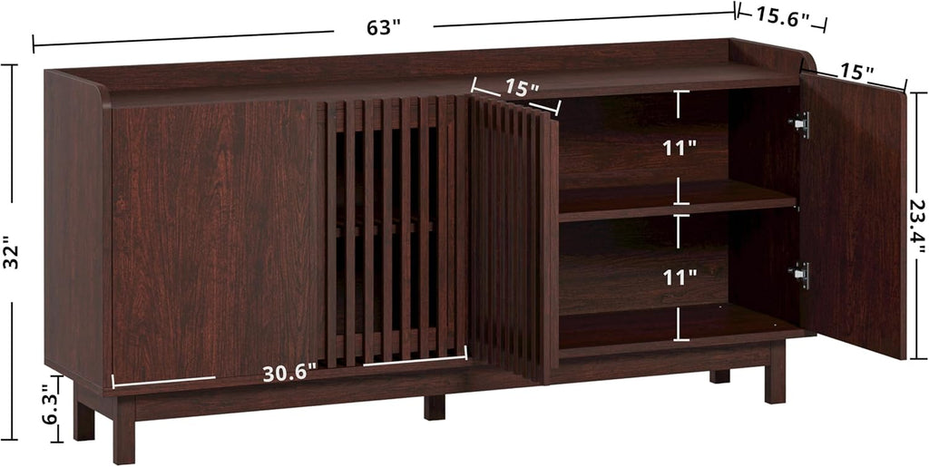IRONCK 63' Storage Cabinet, Buffet Cabinet with Grille Doors and 2 Adjustable Shelves, Mid Century Sideboard for Kitchen, Dining Room, Entryway（Natural Red Walnut）