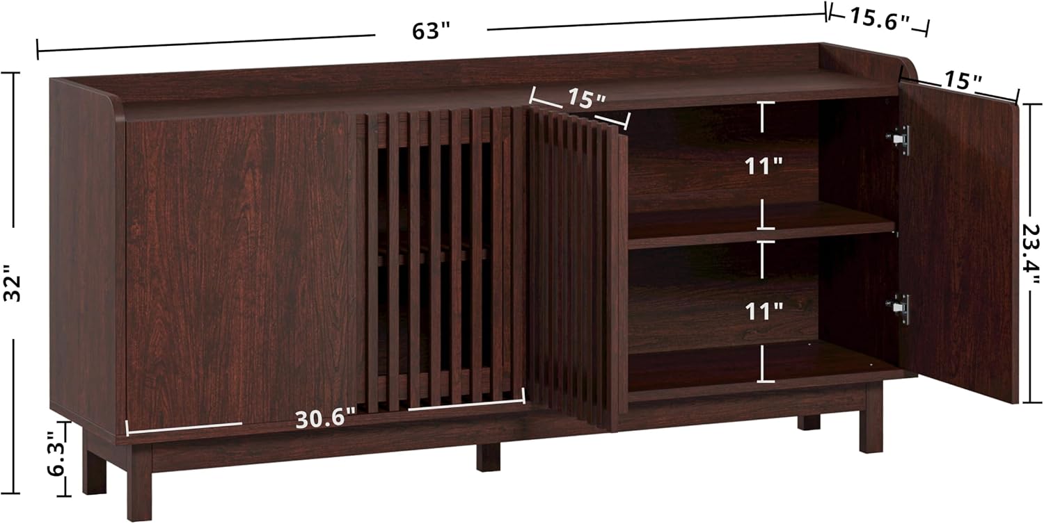 IRONCK 63' Storage Cabinet, Buffet Cabinet with Grille Doors and 2 Adjustable Shelves, Mid Century Sideboard for Kitchen, Dining Room, Entryway（Natural Red Walnut）