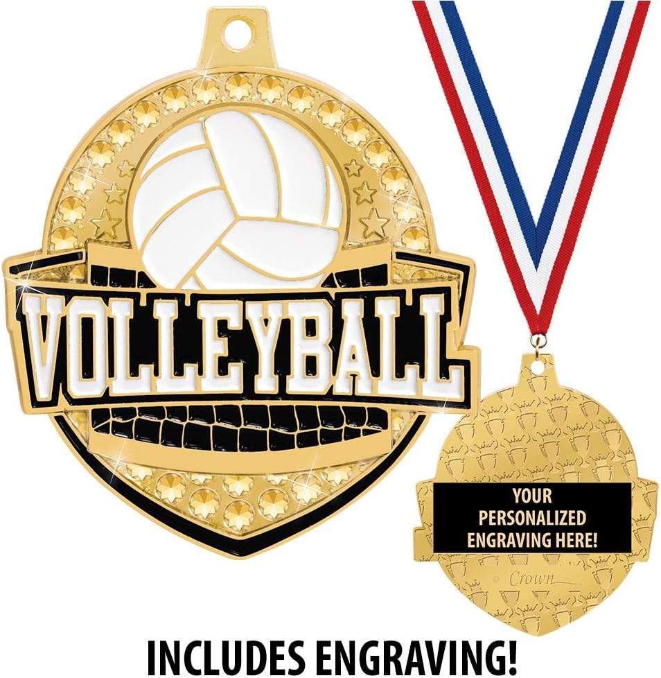 Crown Awards 2 1/4' Royal Volleyball Medals, Shiny Gold Volleyball Medals with Free Engraving