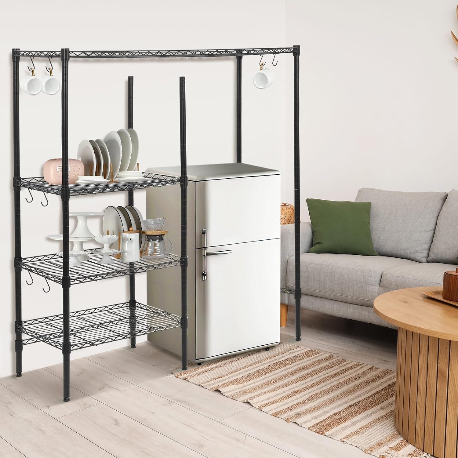 Huwena Mini Fridge Stand with Storage Shelf for Dorm 4 Tier Mini Microwave Stand Baker Rack Adjustable Height Over Fridge Storage Organizer with Hook for College Dorm Kitchen Office Coffee Bar(Black)