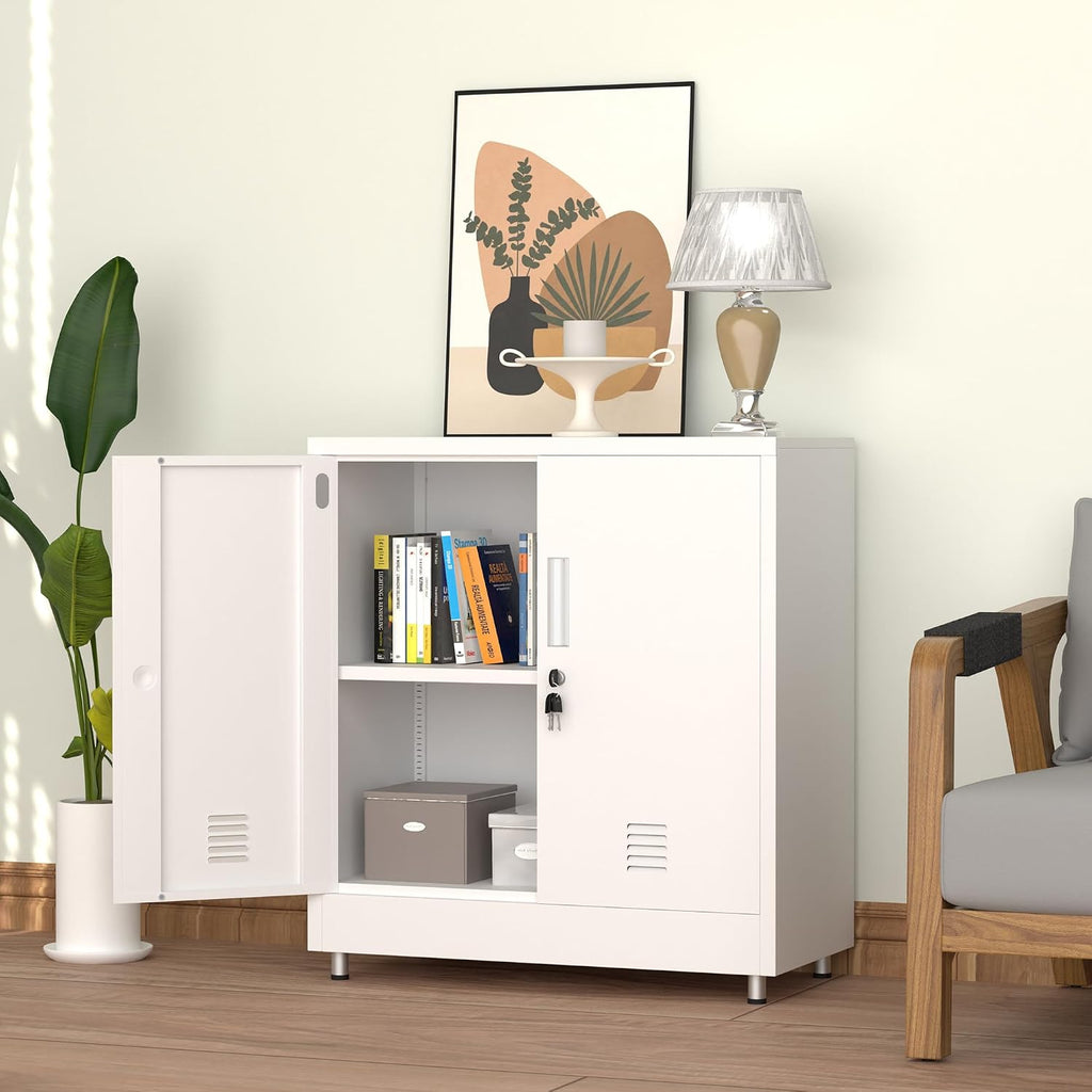 Metal Storage Cabinet with Locking Doors and Adjustable Shelf, Small Lockable Sideboard Buffet Cabinet for Home, Office, Entryway, Hallway, Living Room, Kitchen and Dining Room, White