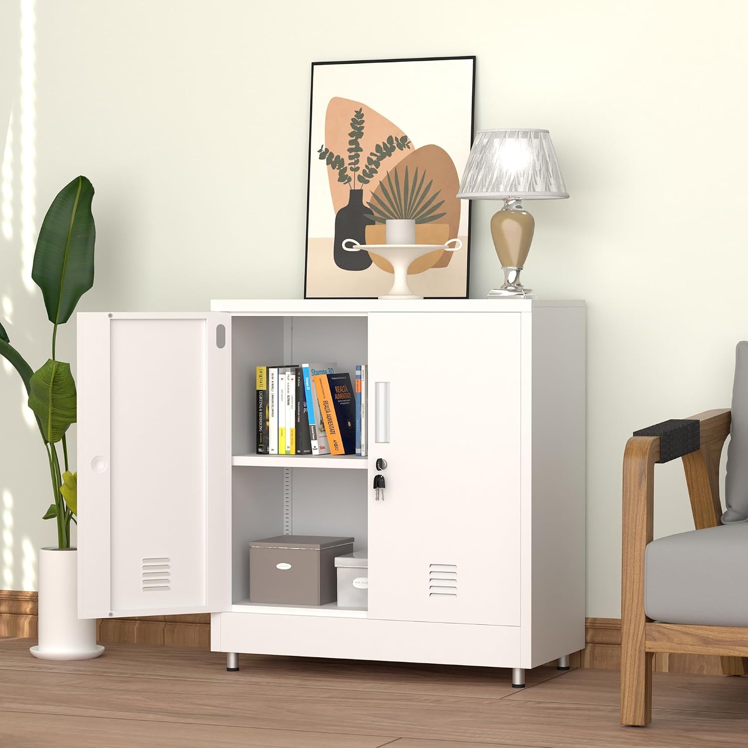 Metal Storage Cabinet with Locking Doors and Adjustable Shelf, Small Lockable Sideboard Buffet Cabinet for Home, Office, Entryway, Hallway, Living Room, Kitchen and Dining Room, White