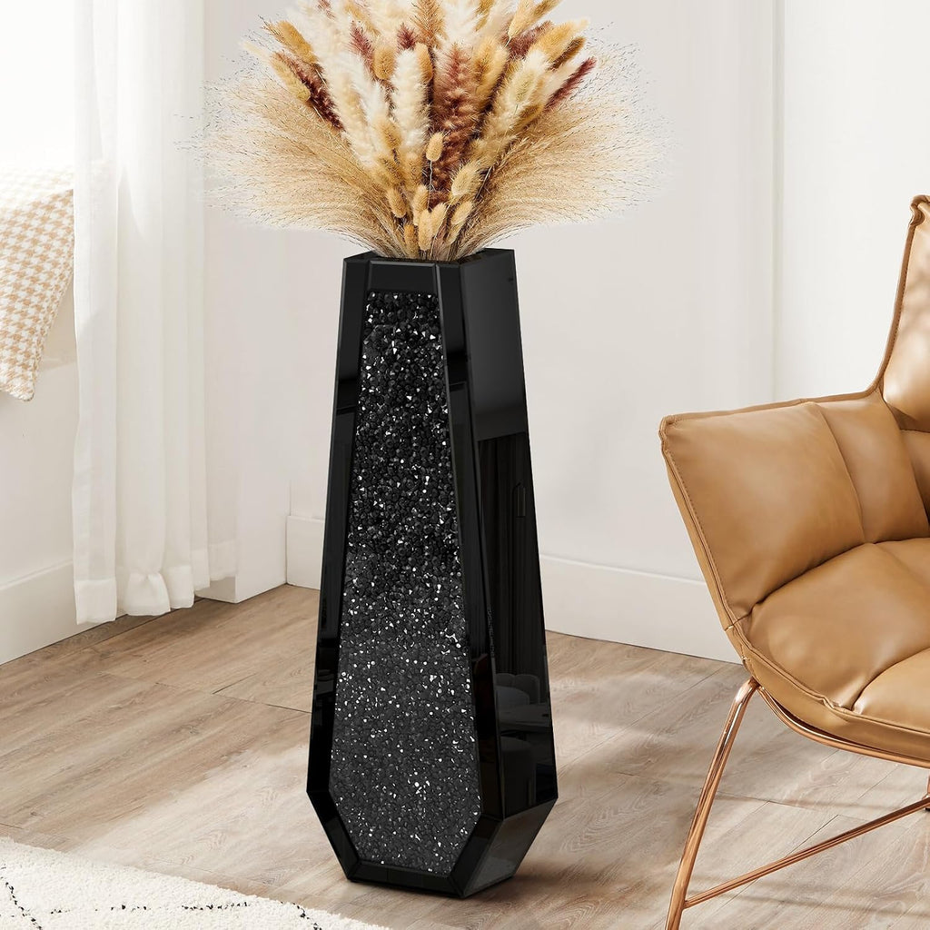 30' Tall Crushed Diamond Floor Vase, Black Large Vases for Decor Living Room, Crystal Mirrored Home Decor Vases for Dried Flower