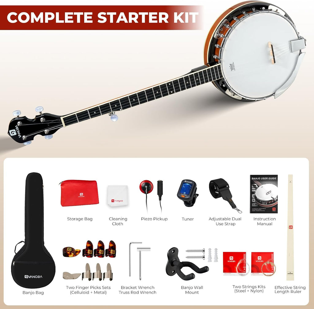 Vangoa NYLON Banjo 5 String Kit, 38 Inch Full Size Banjo with Nylon Strings with Gig Bag, Premium Accessories Outfit, Starter Kit for Beginners Adults Teens, Brown