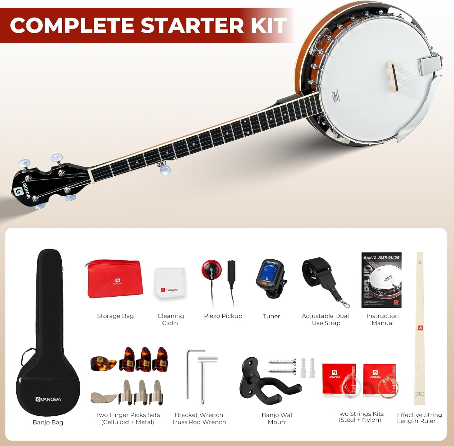 Vangoa NYLON Banjo 5 String Kit, 38 Inch Full Size Banjo with Nylon Strings with Gig Bag, Premium Accessories Outfit, Starter Kit for Beginners Adults Teens, Brown