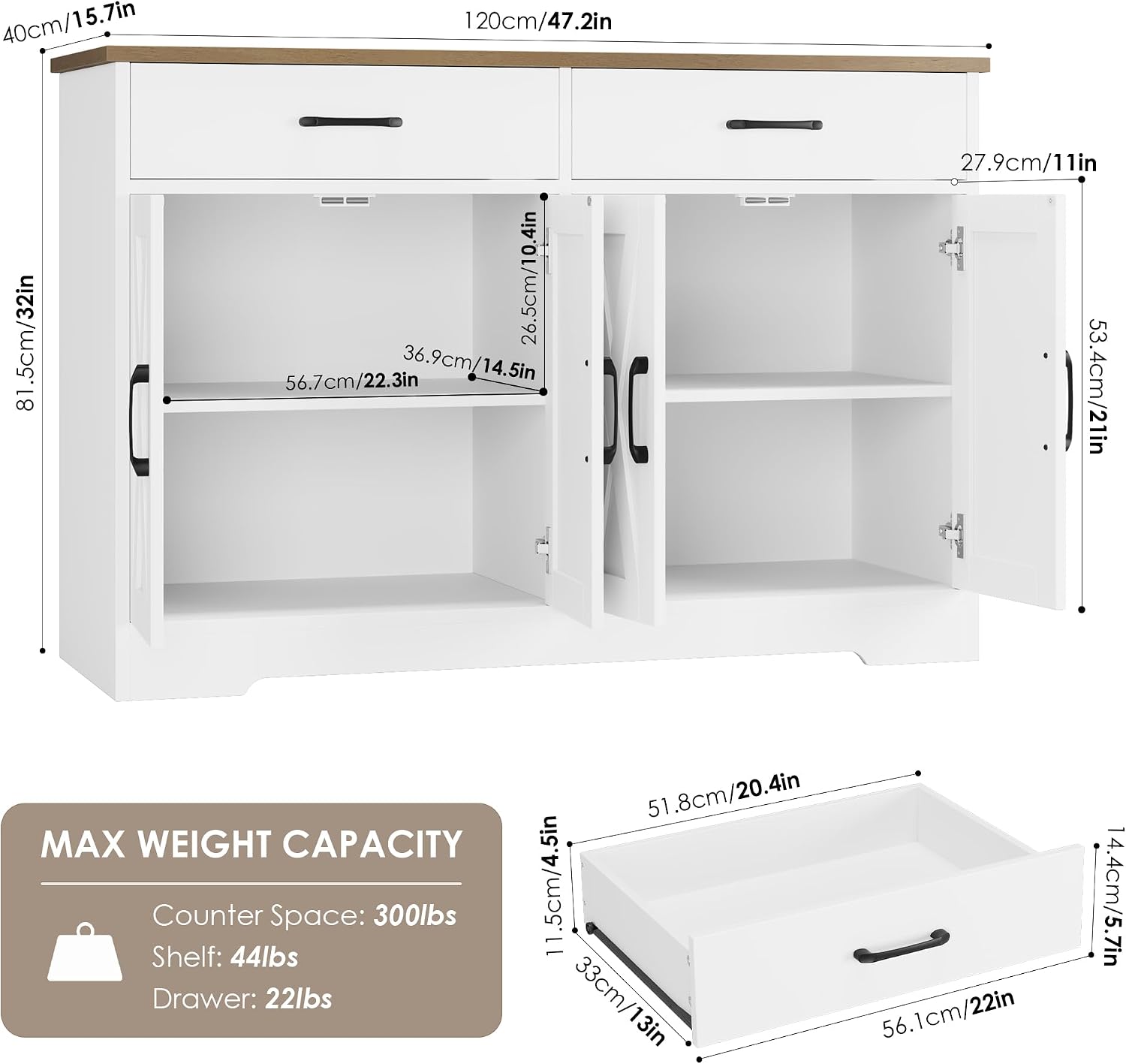 HOSTACK Buffet Cabinet with Storage, 47.2' Kitchen Sideboard Buffet with Drawers, Modern Farmhouse Coffee Bar Station with Shelves, Barn Doors Storage Cabinet for Living Room, White/Rustic Brown