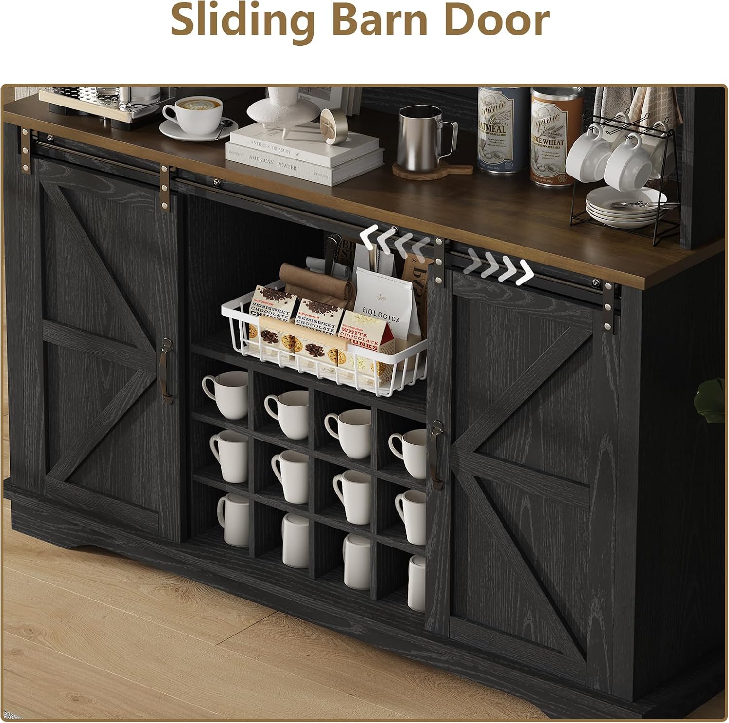 55 Inch Farmhouse Coffee Bar Cabinet with 3-Tier Enclosed Storage Cabinet, Kitchen Hutch with 12 Wine Racks & 3 Glass Holders, Coffee Bar with 6 Hooks, Wood Furniture for Dining Living Room, Black