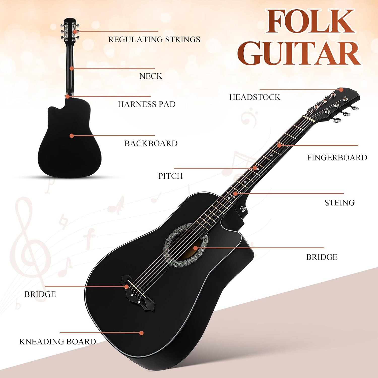 LIOOBO Beginner Acoustic Guitar: 38 Inch Basswood Guitar Basic Starter Kit with Gig Bag, Picks, and Protective Plate - Musical Instrument Present