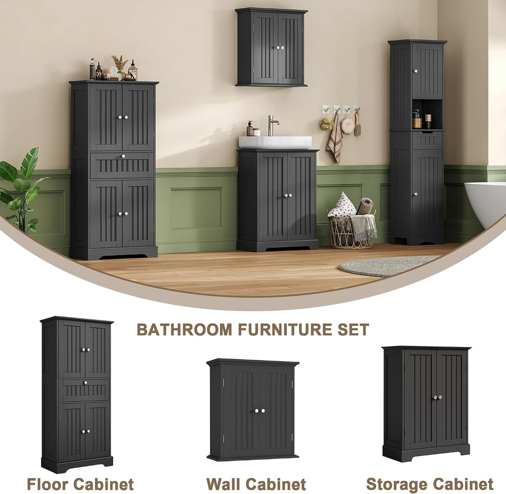 ChooChoo 51' H Tall Bathroom Floor Cabinet, Modern Bathroom Storage Cabinet with Drawer and Adjustable Shelves, Freestanding Kitchen Pantry Cupboard with 4 Doors for Living Room, Black