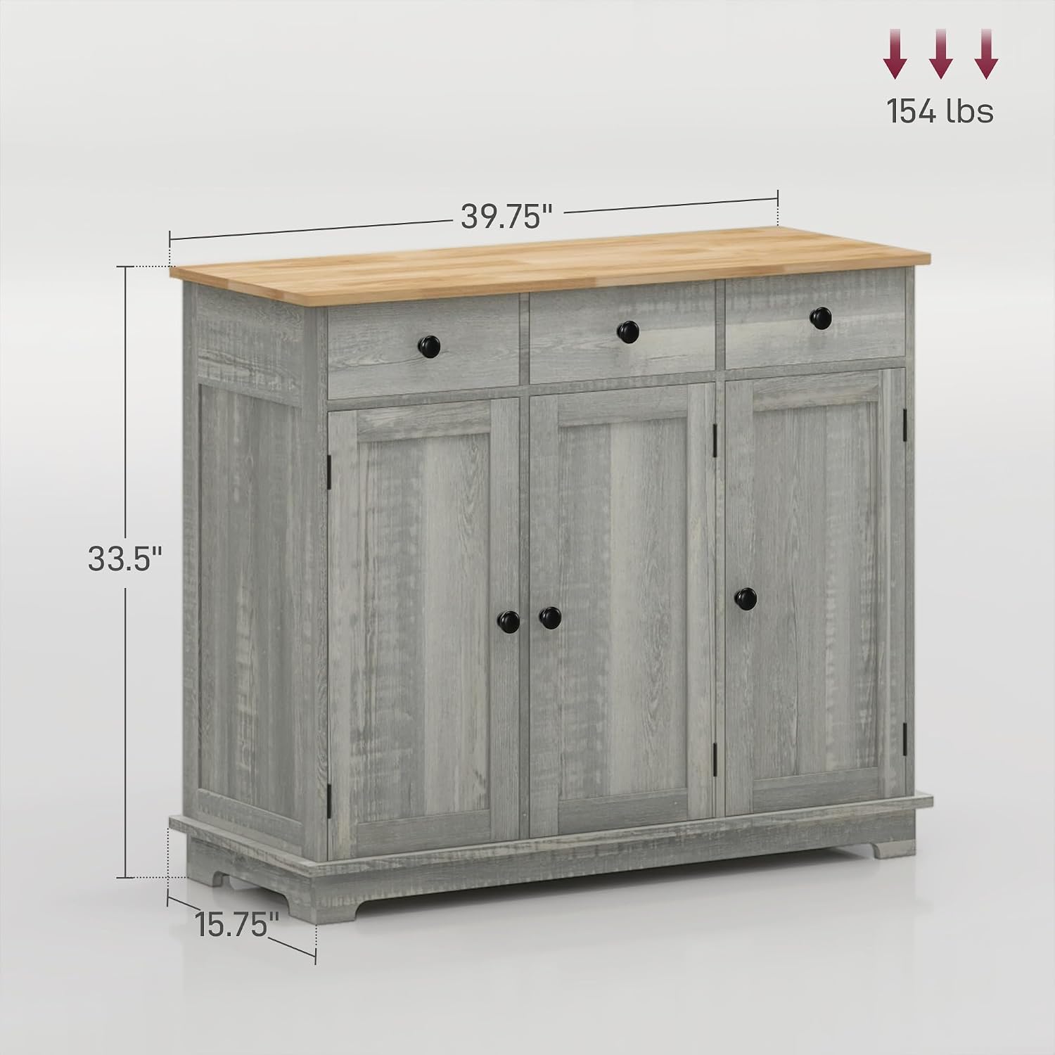 40' Solid Wood Top Freestanding Storage Cabinet, Kitchen Storage Bakers Rack with Drawers, Utility Food Cupboard with Adjustable Shelf for Dining Room and Entryway, Light Gray