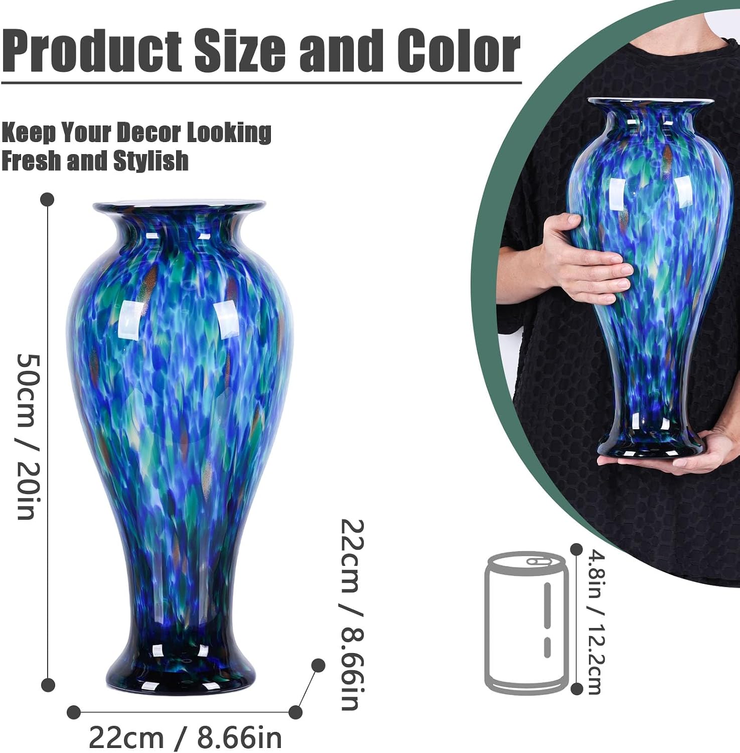XMGZQ 20' Tall Glass Vases for Floor,Large Hand Blown Sea Glass Flowers Vase for Centerpieces,Jarrones Grandes para Sala Elegantes,for Bookshelf,Bathroom,Countertop,Indoor Office Desktop (Blue Green)