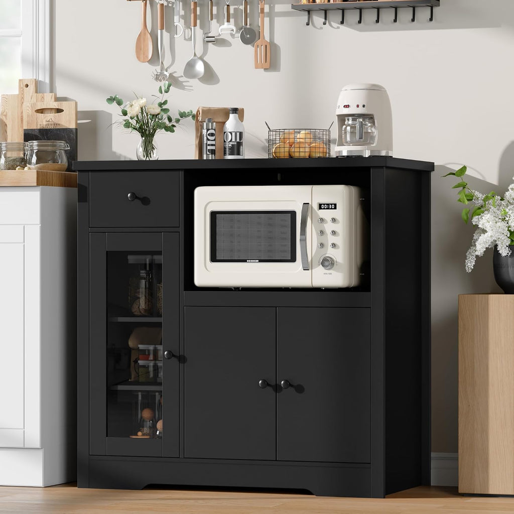 Senfot Kitchen Microwave Cabinet with Storage and Drawers, Modern Small Buffet Cabinet with Glass Doors and Adjustable Shelf, Wooden Sideboard with Wide Top for Dining Room, Living Room, Black