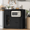 Senfot Kitchen Microwave Cabinet with Storage and Drawers, Modern Small Buffet Cabinet with Glass Doors and Adjustable Shelf, Wooden Sideboard with Wide Top for Dining Room, Living Room, Black