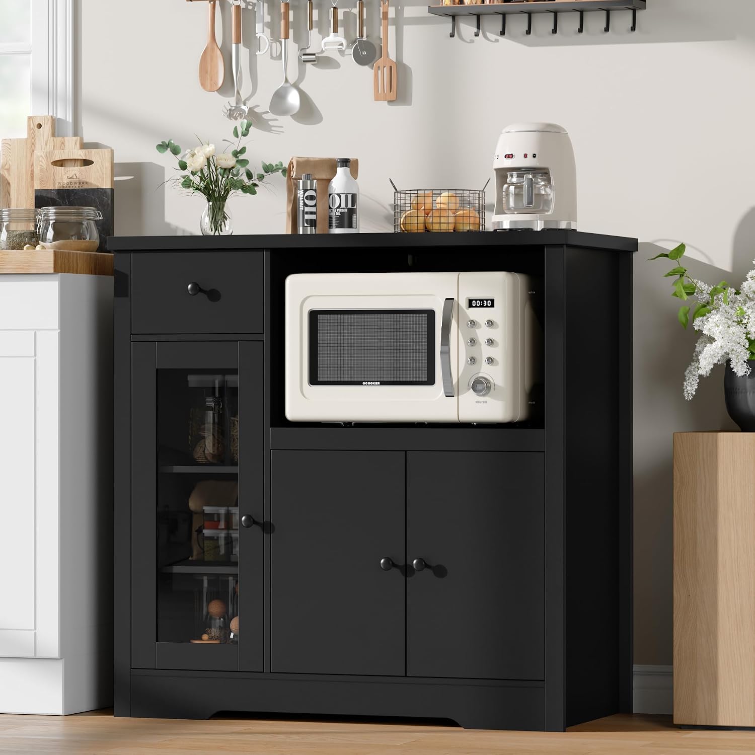 Senfot Kitchen Microwave Cabinet with Storage and Drawers, Modern Small Buffet Cabinet with Glass Doors and Adjustable Shelf, Wooden Sideboard with Wide Top for Dining Room, Living Room, Black