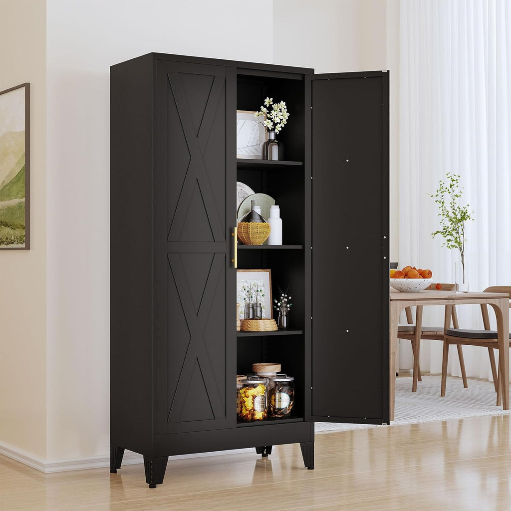 61' Kitchen Pantry Cabinet, Metal Storage Cabinet with 2 Doors and 3 Adjustable Shelves, Black Food Pantry Cupboard for Kitchen, Dining Room, Living Room and Bathroom (Black)