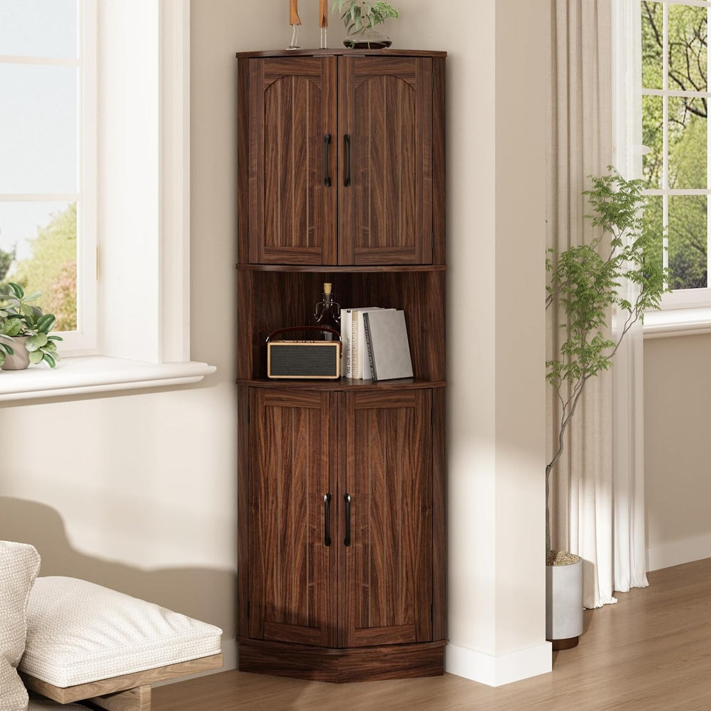 HOKYHOKY Tall Corner Cabinet, 64.7' Corner Storage Cabinet with 4 Doors and 5 Storage Shelves, Farmhouse Space Saver with Arched Door Design for Living Room, Kitchen, Bathroom, Office