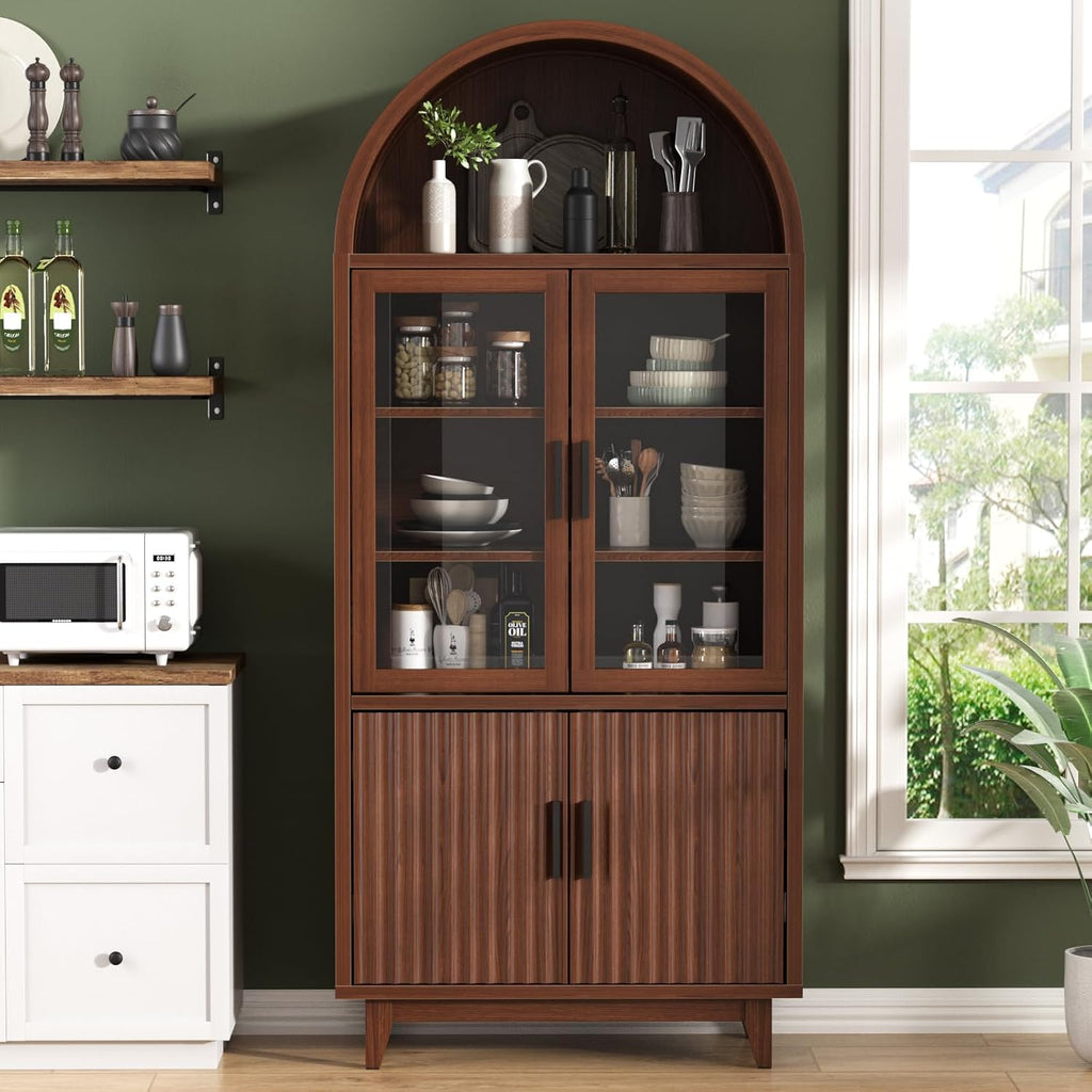 FiveWillowise Kitchen Pantry Cabinet with Glass Doors - Arched Design, Solid Wood Legs, Artistic Fluted Door, Adjustable Shelves, 70.8' Curved Storage Cabinet for Kitchen, Dining Room