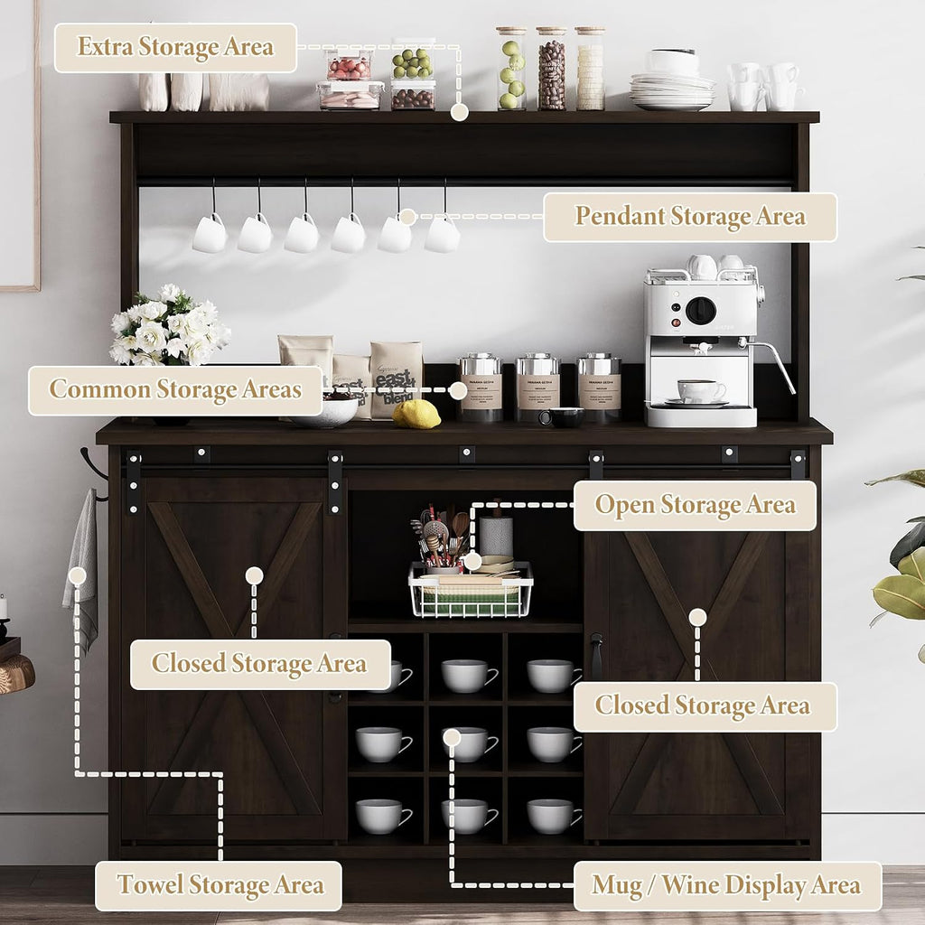 4ever2buy Farmhouse Coffee Bar Cabinet with Hutch and 6 Hooks, 47 Inch Wine Cabinet with Storage, Kitchen Buffet Cabinet with Adjustable Shelves &9 Wine Racks for Living Dining Room, Dark Oak