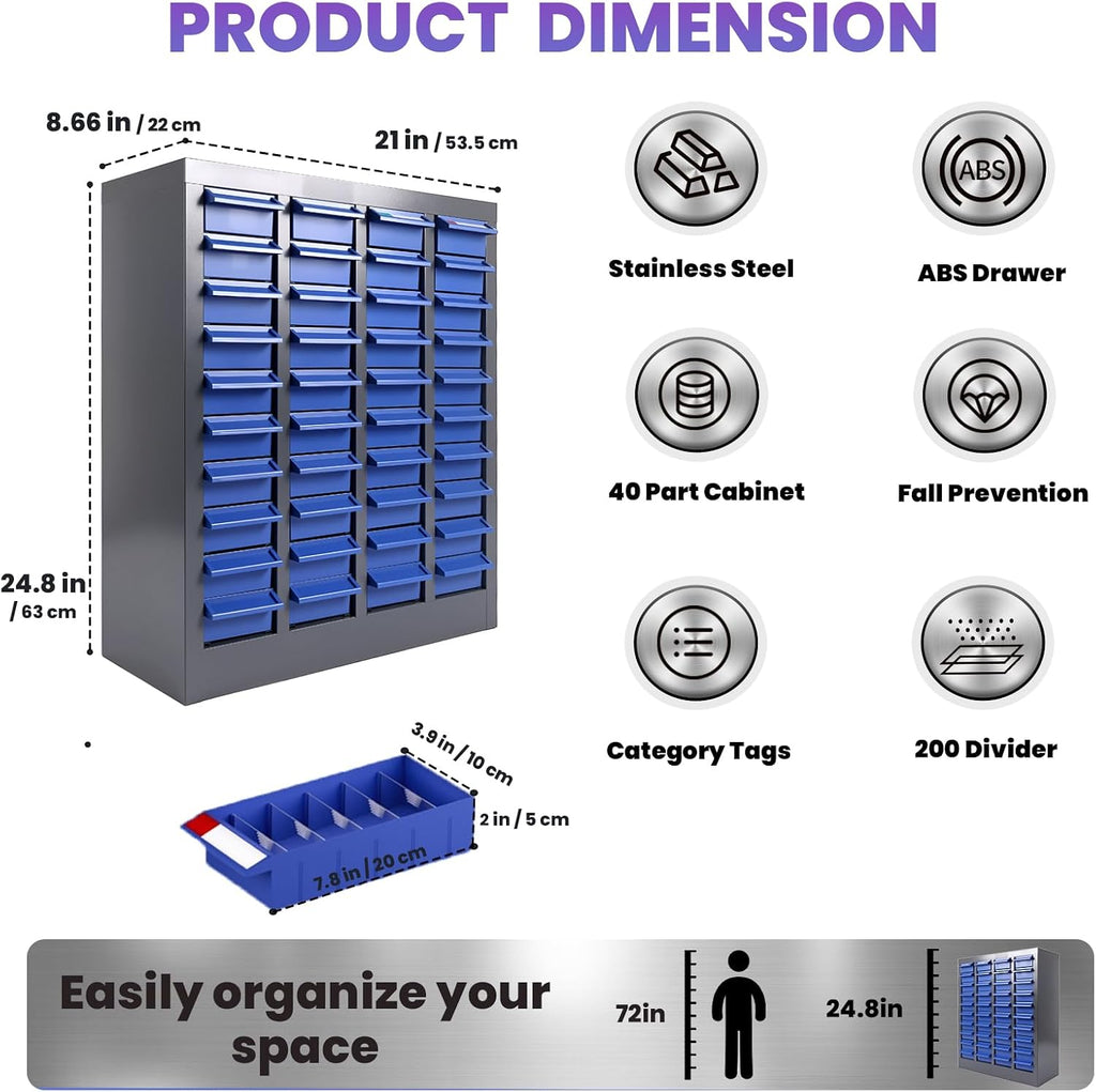 40 Drawers Stainless Steel Nut and Bolt Organizer, 21' D x 9' W x 25' H Parts Cabinet with Adjustable Shelves and Label Stickers, Bolt Organizer for Nuts Bolts Parts Screws Small Items
