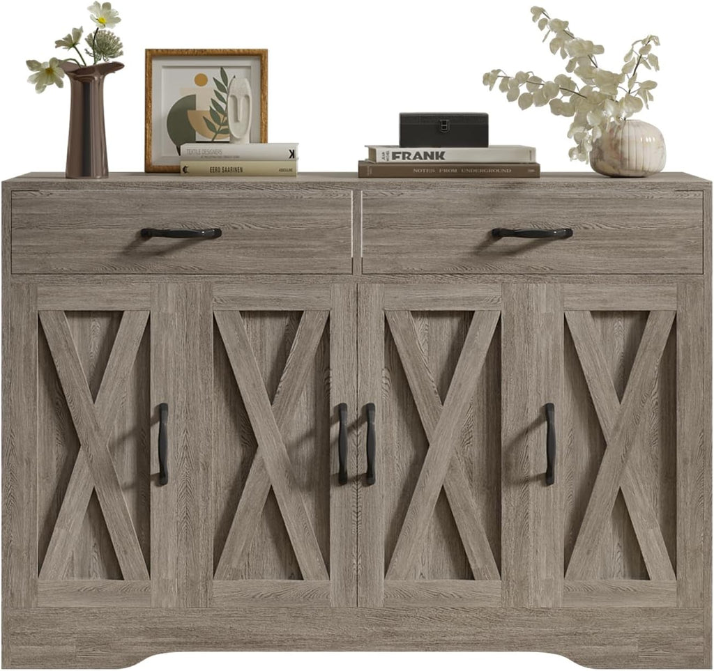 Sideboard Cabinet with Drawers, 47' W Sideboard Buffet Storage Cabinet with Storage for Kitchen, Farmhouse Coffee Bar Cabinets with Shlves and Doors for Hallway, Gray