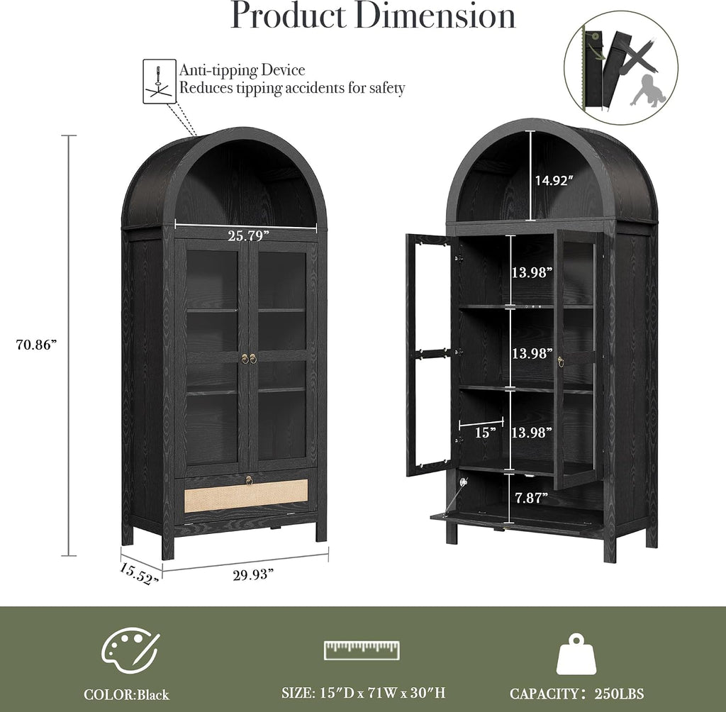 71' Tall Arched Kitchen Pantry Cabinet, Modern Farmhouse Hutch Storage Cabinets with Large Drawer and Glass Doors for Kitchen, Dining Room, Living Room, Black
