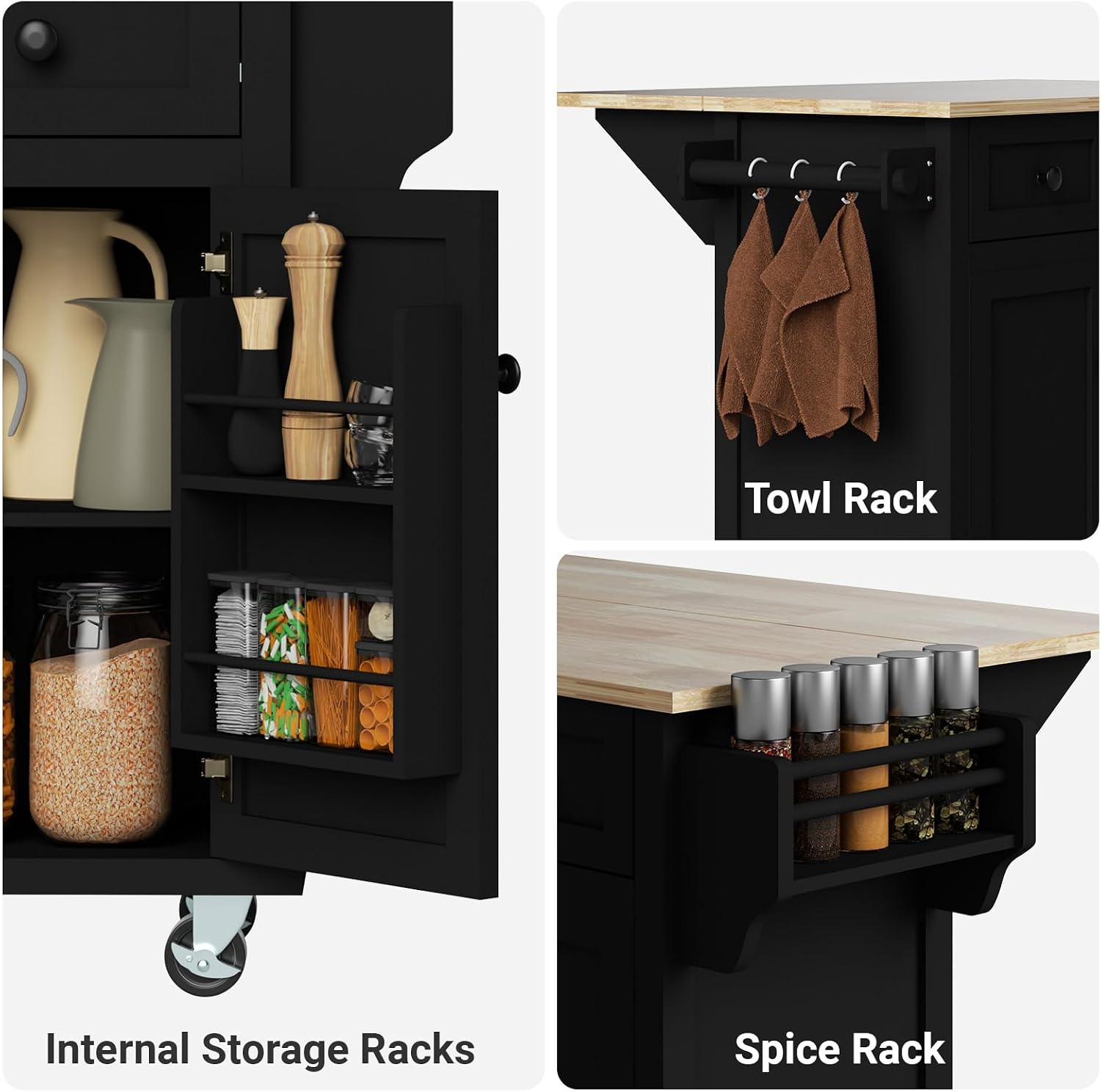 Rovibek Kitchen Island with Drawers 53 in Rolling Island Cart Mobile Portable Islands on Wheels Solid Wood Island with Storage Cabinet & Drawers, Jet Black