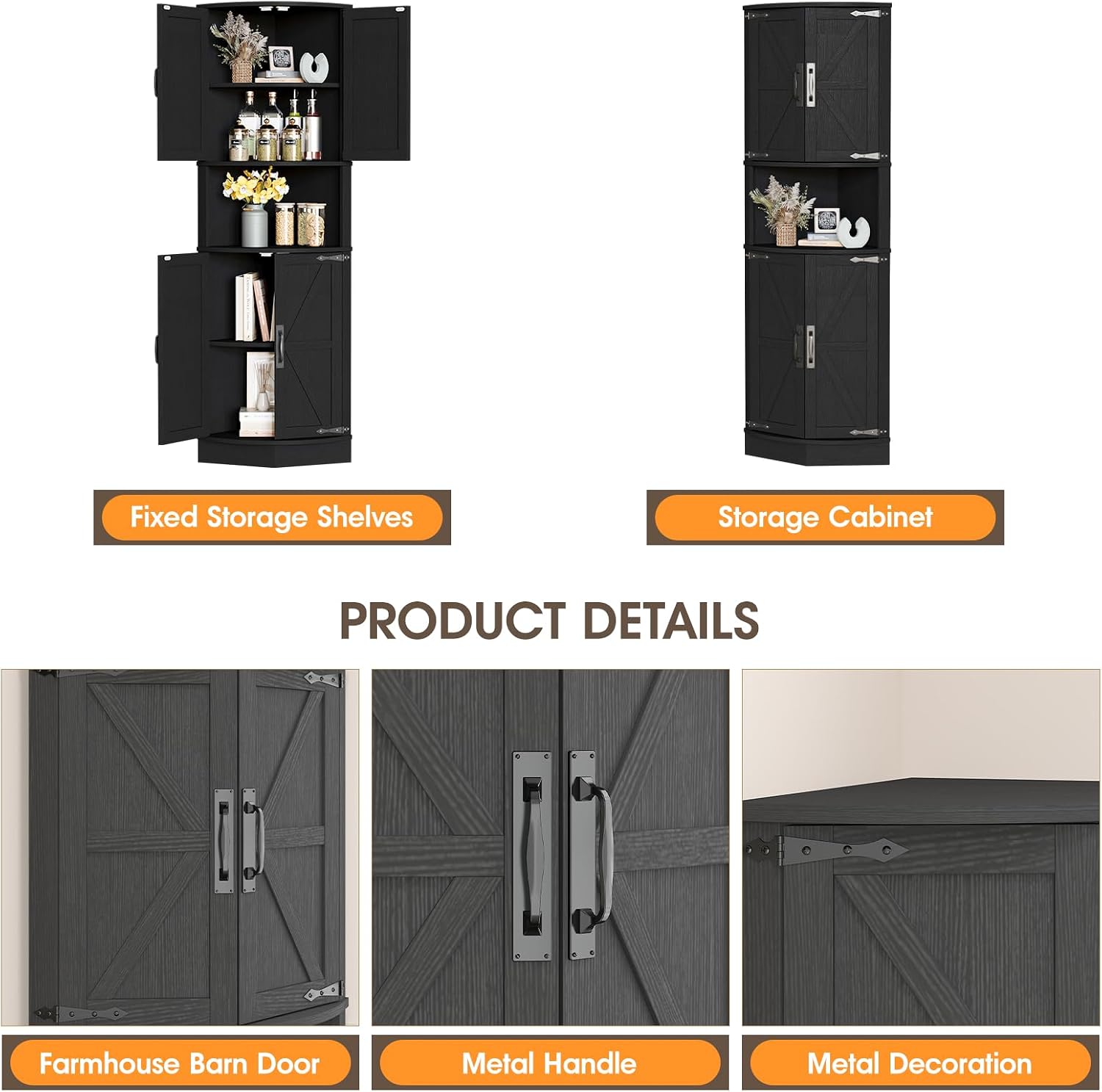 Vabches 64.8' Tall Farmhouse Corner Cabinet with 4 Doors and 5 Storage Shelves, Farmhouse Storage Cabinet with Barn Door Design, Home Space Saver for Living Room, Kitchen, Laundry Room,Black