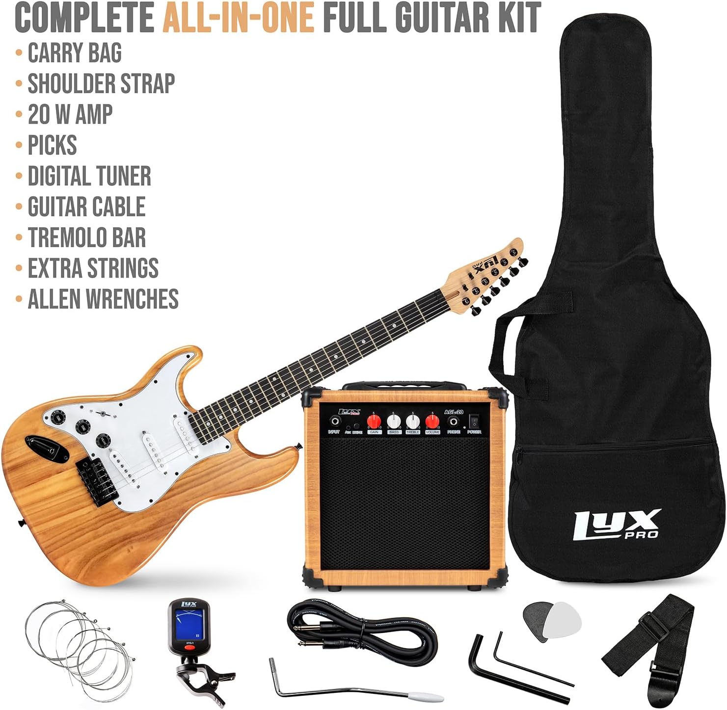 LyxPro Left Hand 39 Inch Electric Guitar and Starter Kit for Lefty Full Size Beginner's Guitar, Amp, Six Strings, Two Picks, Shoulder Strap, Digital Clip On Tuner, Cable and Soft Case - Natural