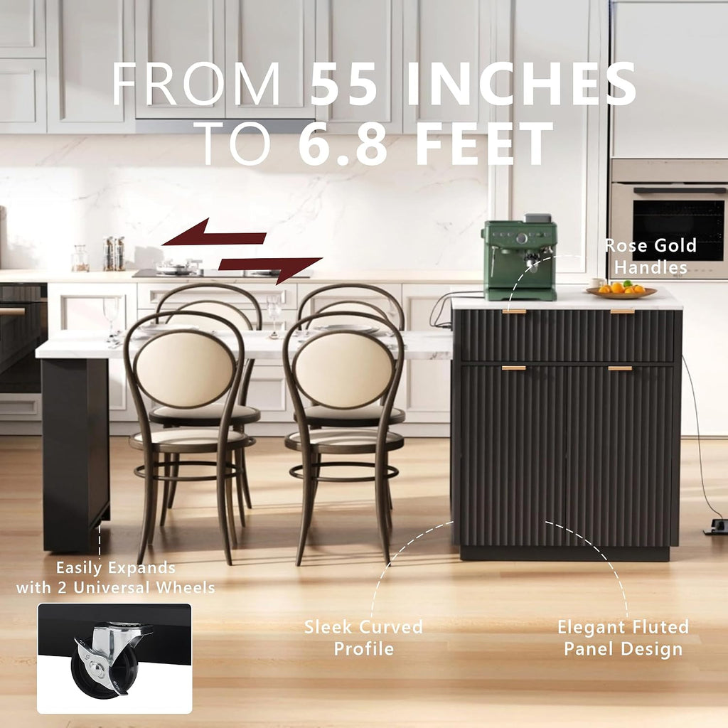 55'-82.6' Black Fluted Extendable Kitchen Island with White Faux Marble Top, Double Side Storage, 2 Drawers, Power Outlet & Spice Rack, Modern Expandable Island Table for Kitchen Dining Room Home Bar