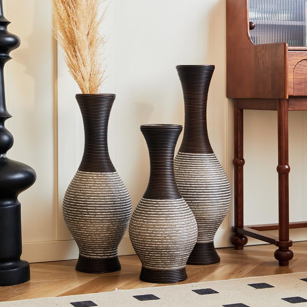Floor PVC Decorated Vases Set of 3 for Gorgeous Home Decoration Large Classic PVC Vases 20in/24in/28in Height(Brown+White)